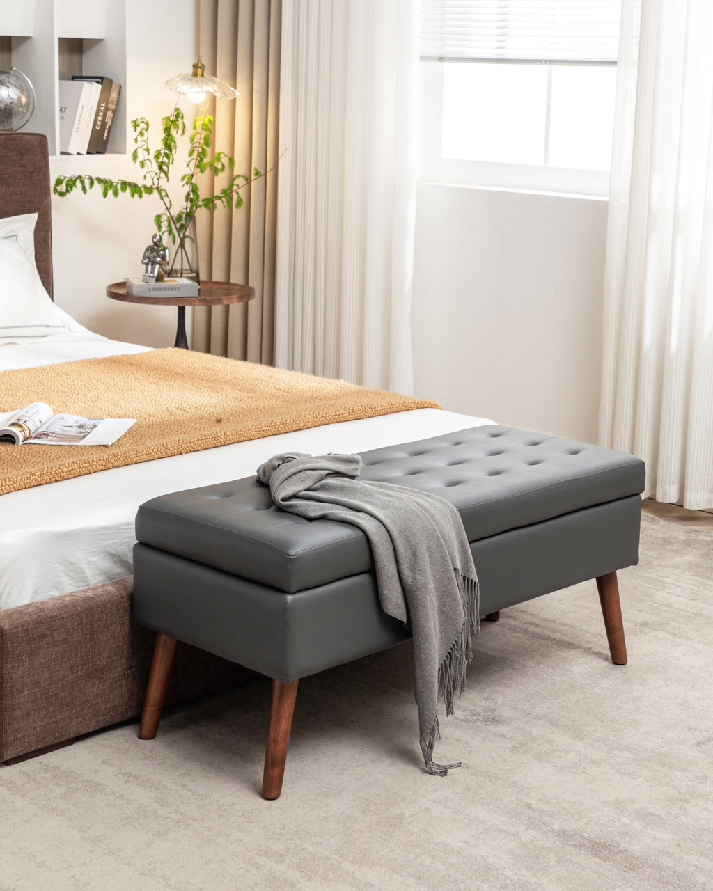 Brown PU Leather Storage Bench