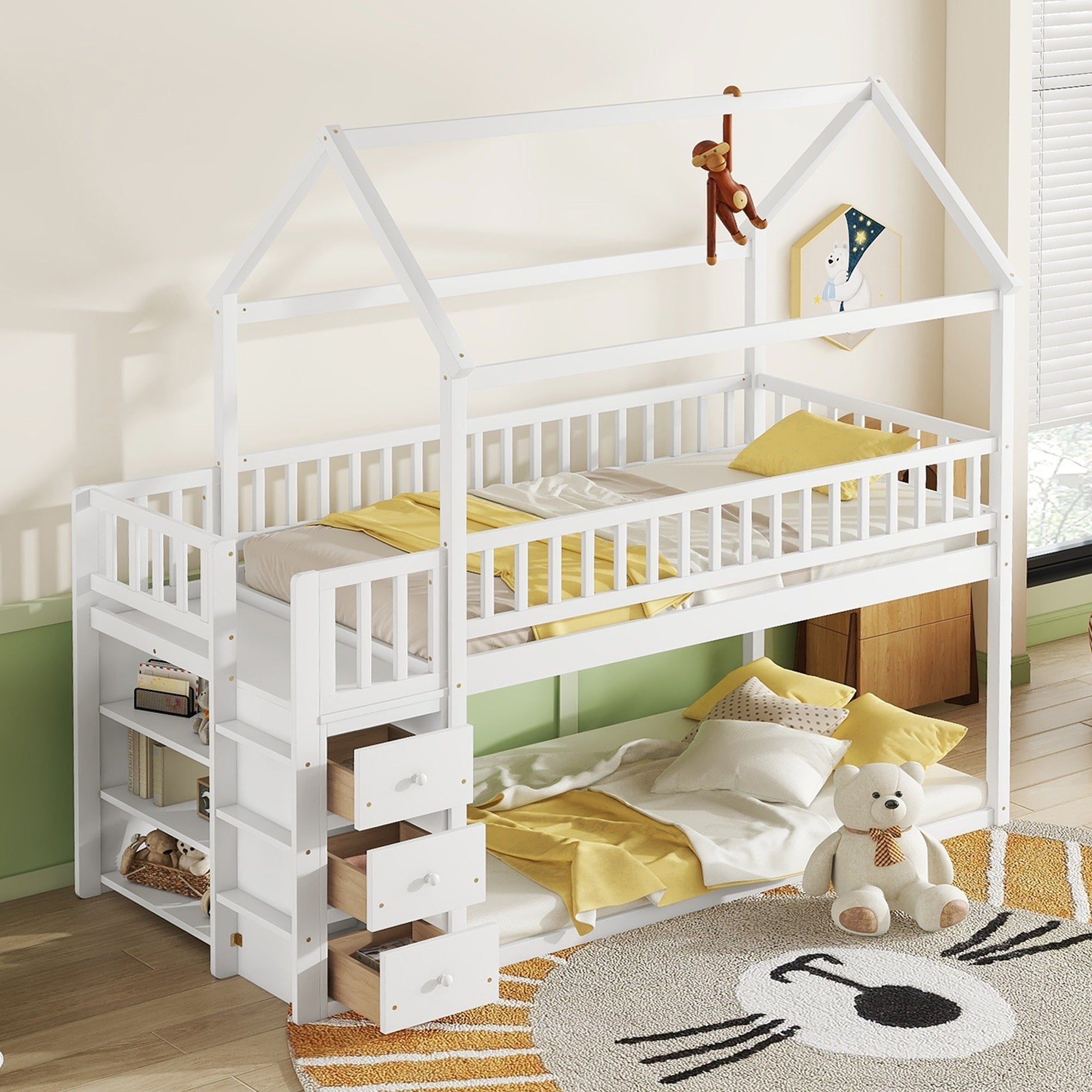 Twin House Bunk Bed with Shelves and Drawers