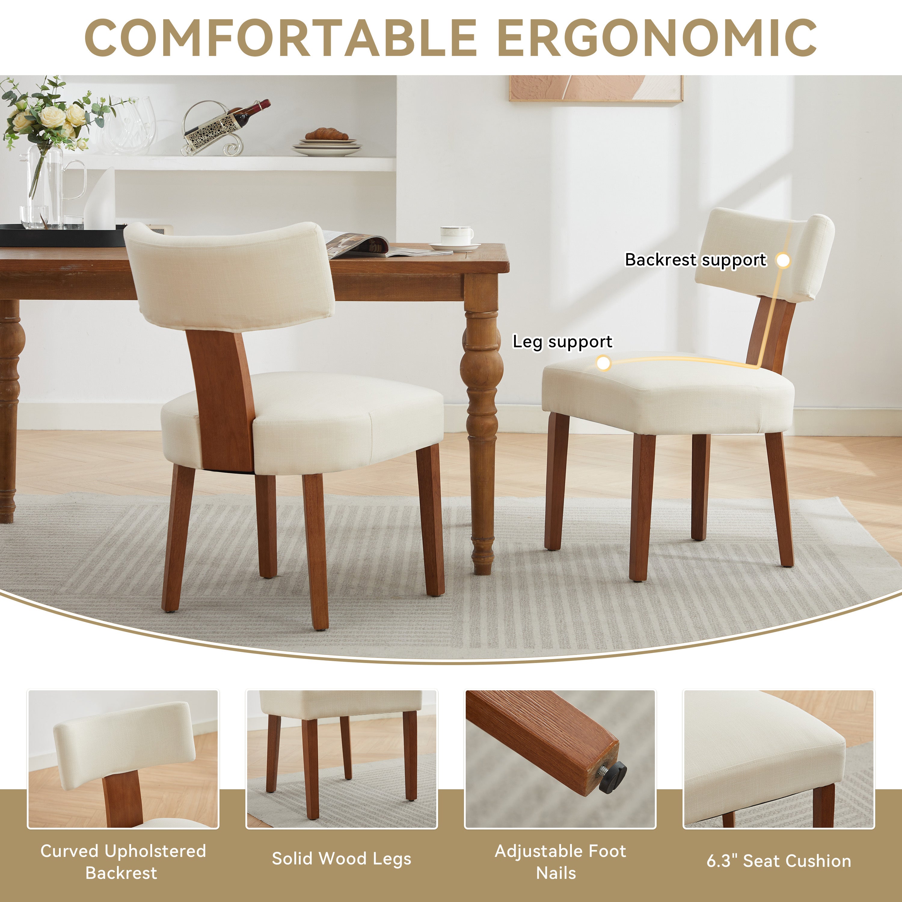 2Pcs  Modern Armless Dining Chairs With Curved Wingback and Solid Wooden Legs