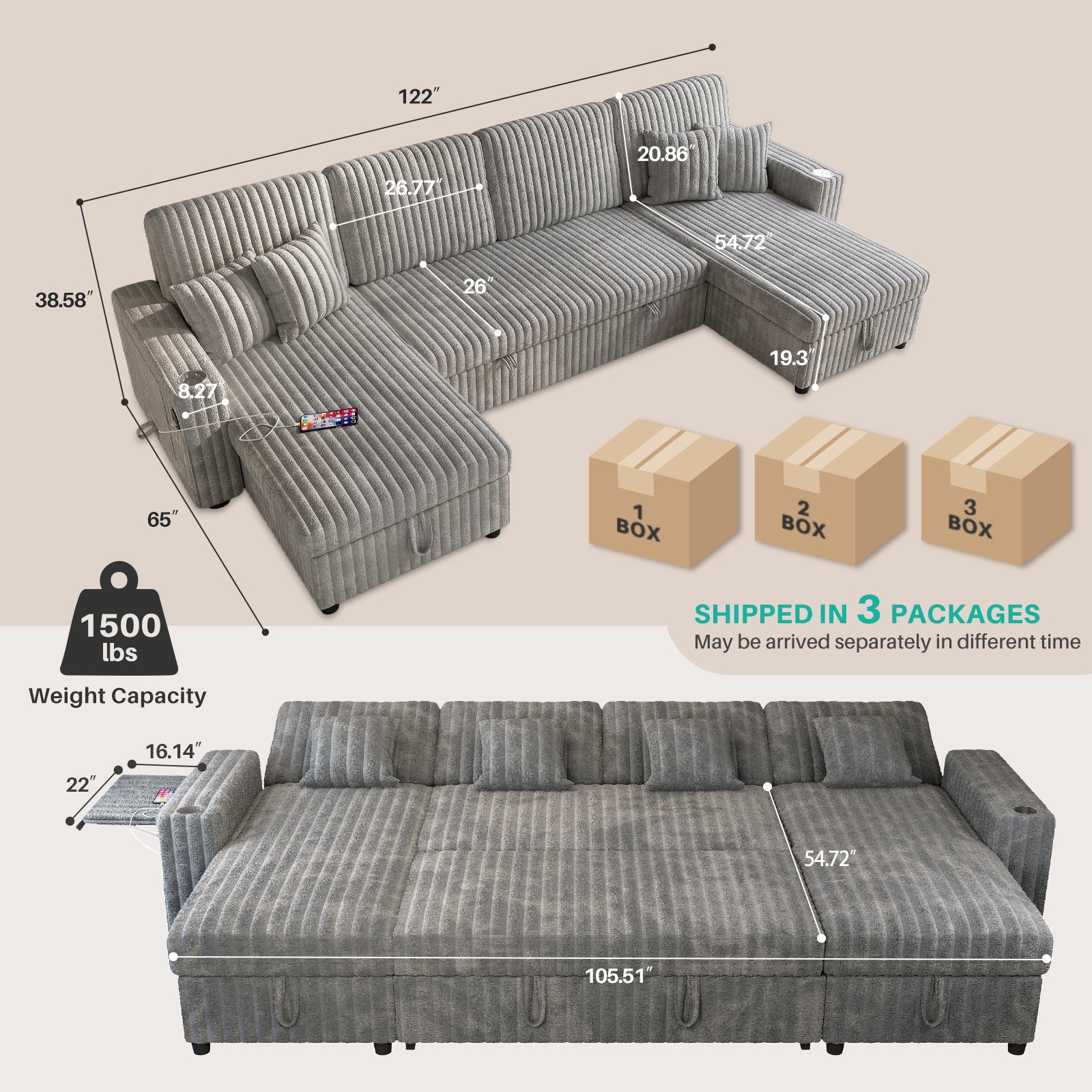 122" U-Shaped Sleeper Sofa Gray Pull Out Bed Sectional with Storage Chaise