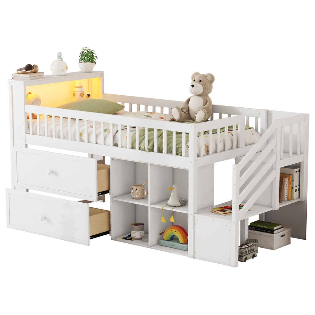 Twin Size Loft Bed with LED and Bookshelf
