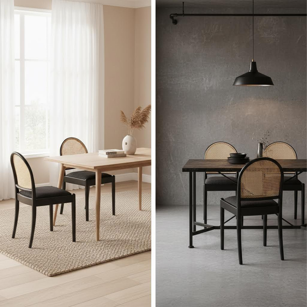 Set of 2 Rattan Dining Chairs Upholstered Linen Modern Wood-Leg Kitchen Chairs
