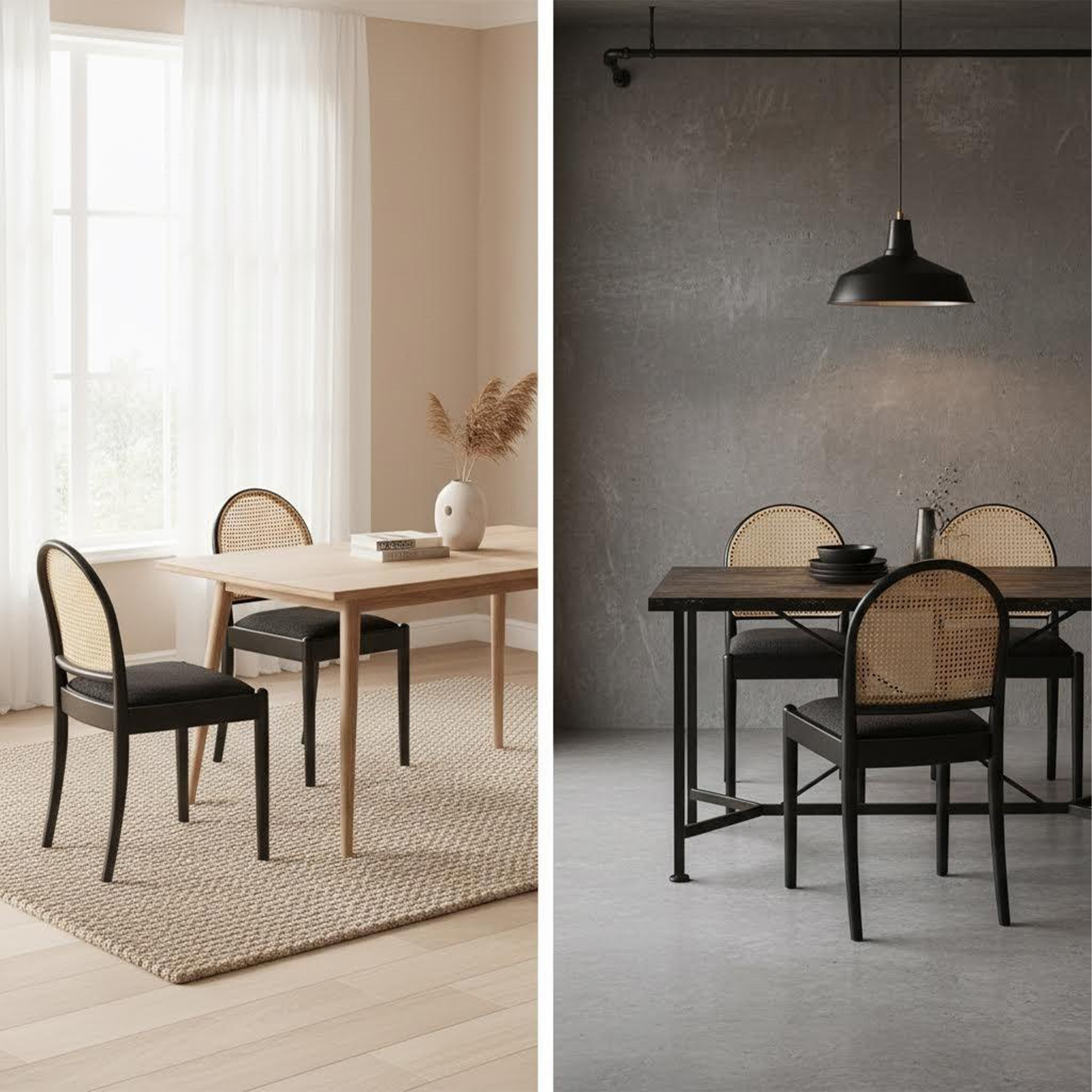 Set of 2 Rattan Dining Chairs Upholstered Linen Modern Wood-Leg Kitchen Chairs