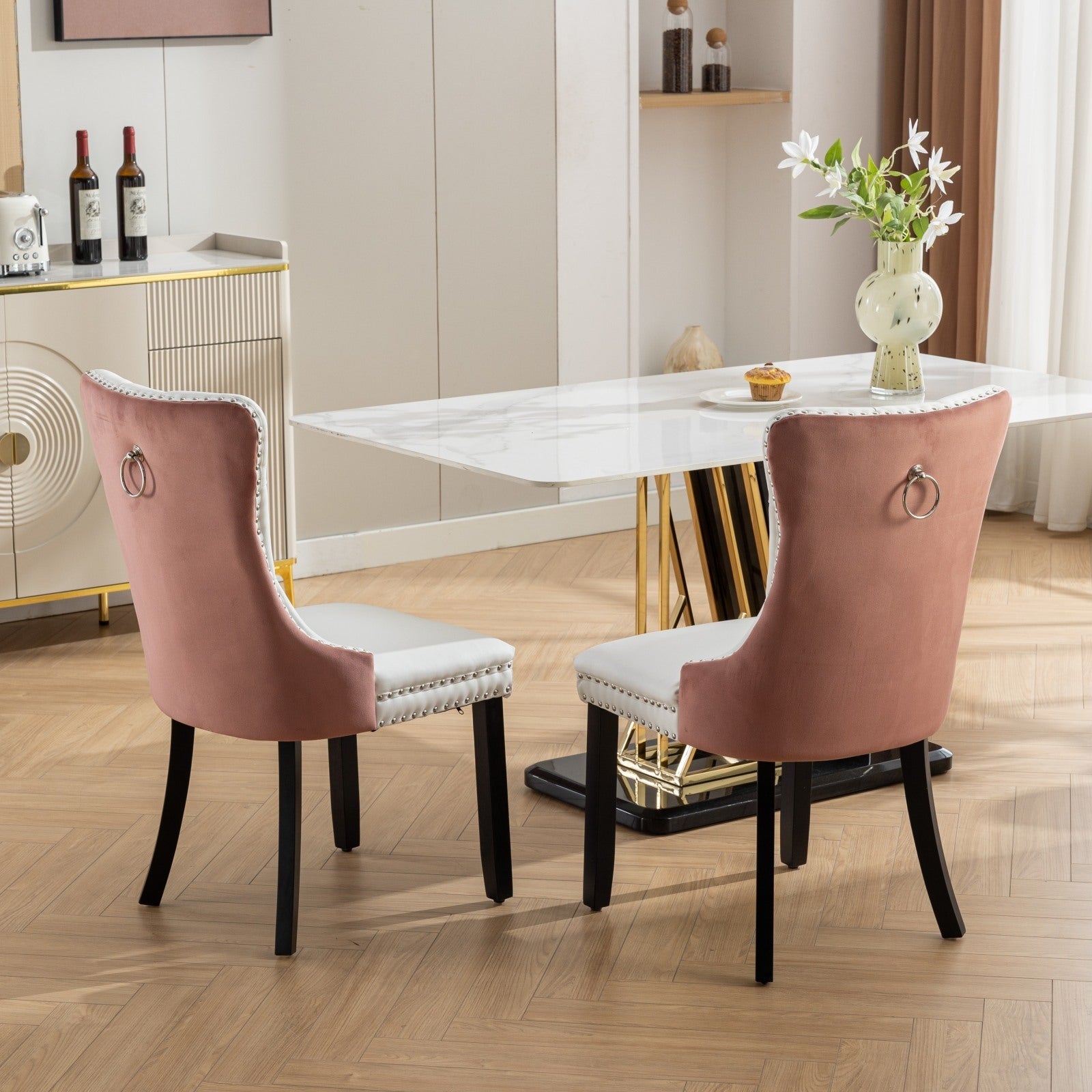 Tufted Solid Wood PU Upholstered Dining Chair with Wood Legs (Set of 2)
