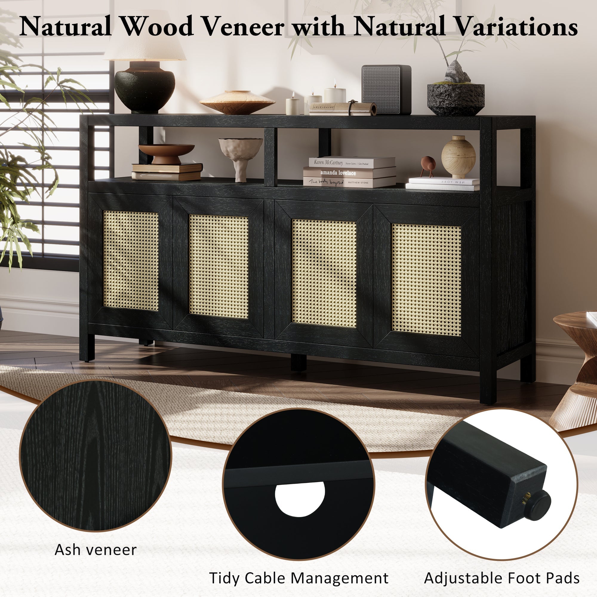 Bohemian Style Rattan Storage Cabinet with 3-position Adjustable Shelves