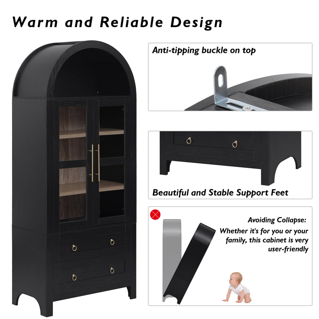 71” Tall Arched Modern Farmhouse Kitchen Pantry Cabinet with 2 Large Drawers
