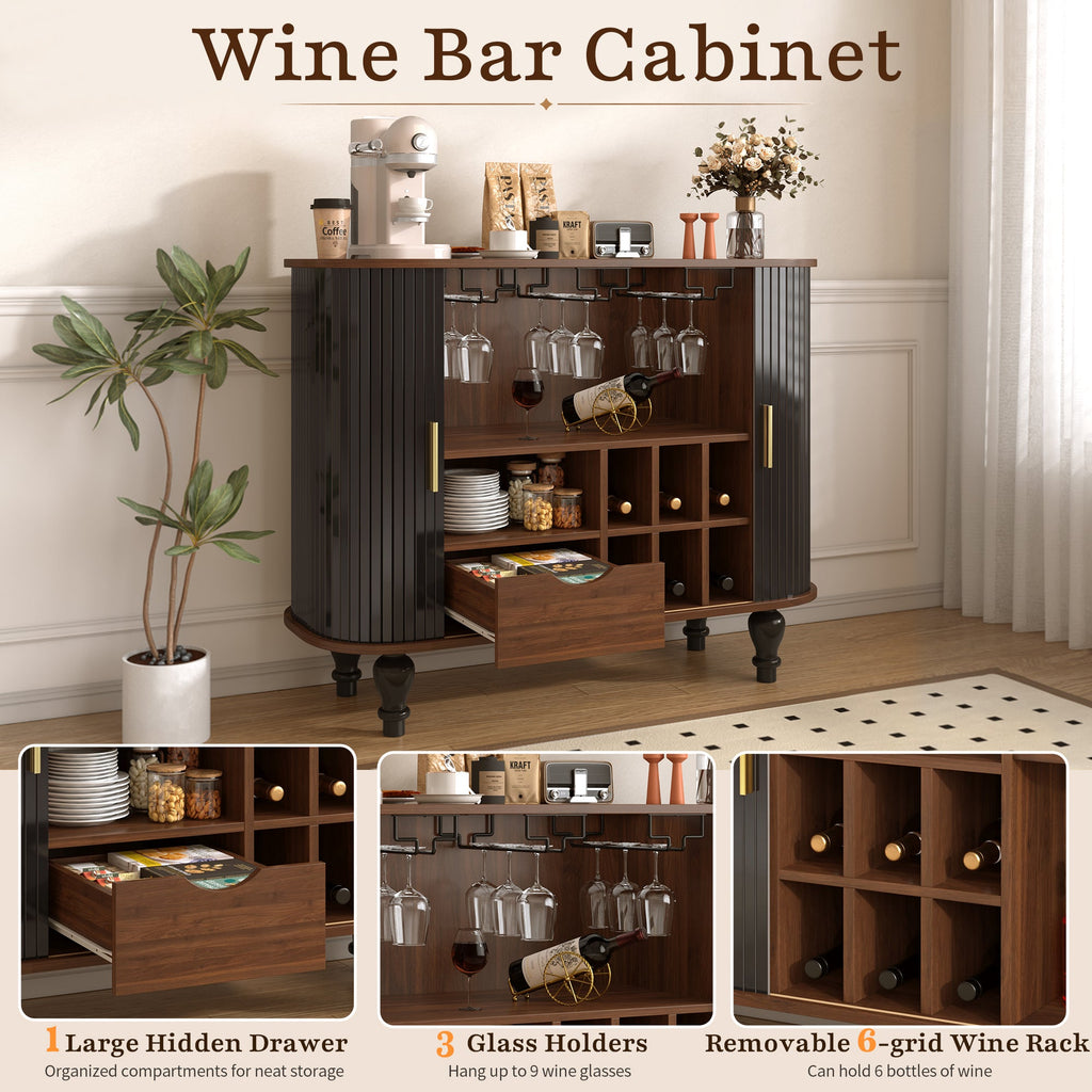39" Fluted Liquor and Coffee Bar Cabinet with Wine Racks Glass Holders Storage