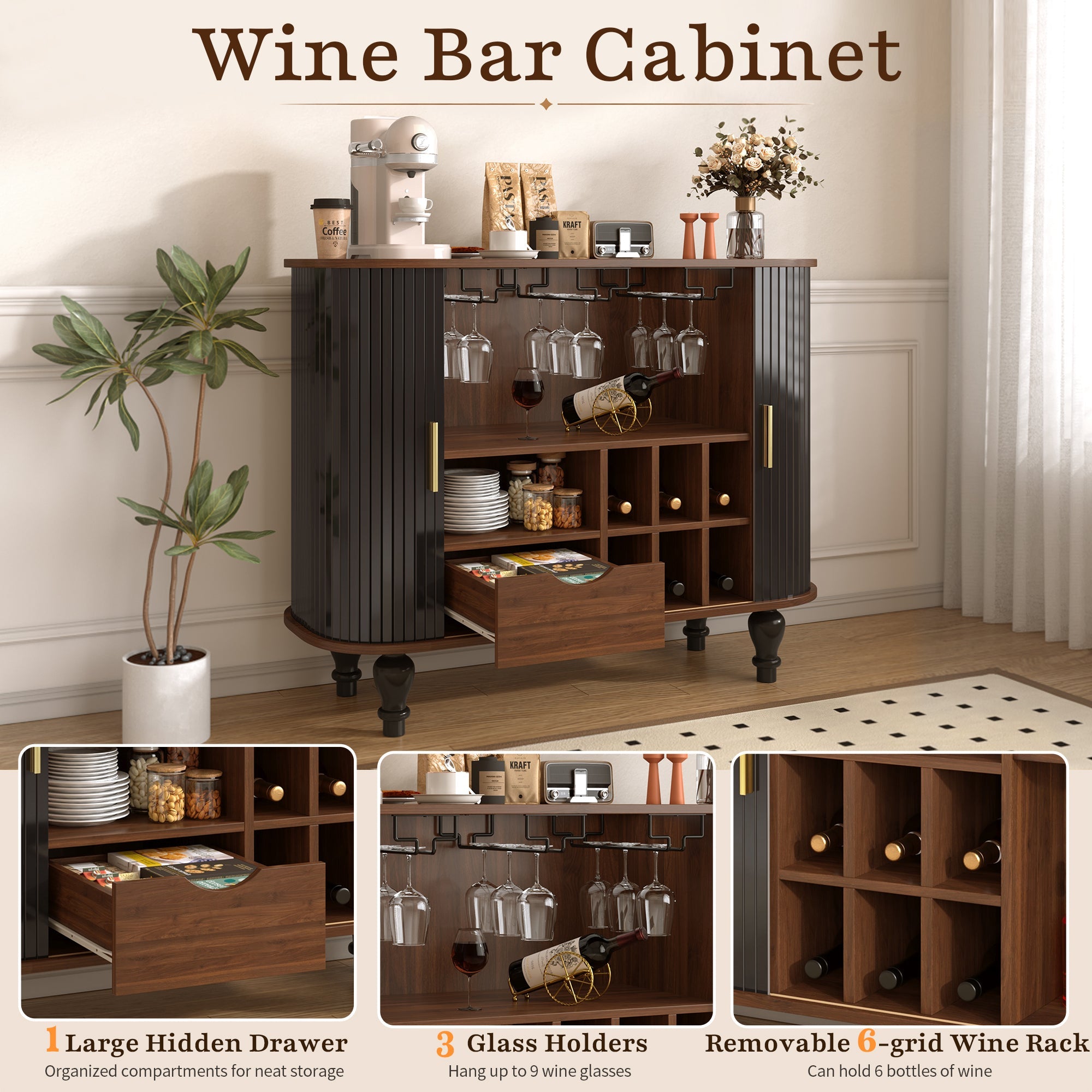39" Fluted Liquor and Coffee Bar Cabinet with Wine Racks Glass Holders Storage