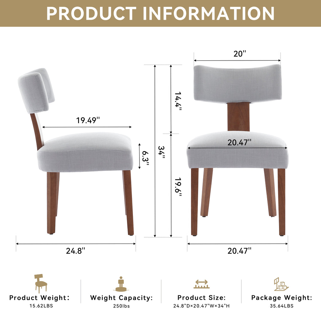 2Pcs  Modern Armless Dining Chairs With Curved Wingback and Solid Wooden Legs