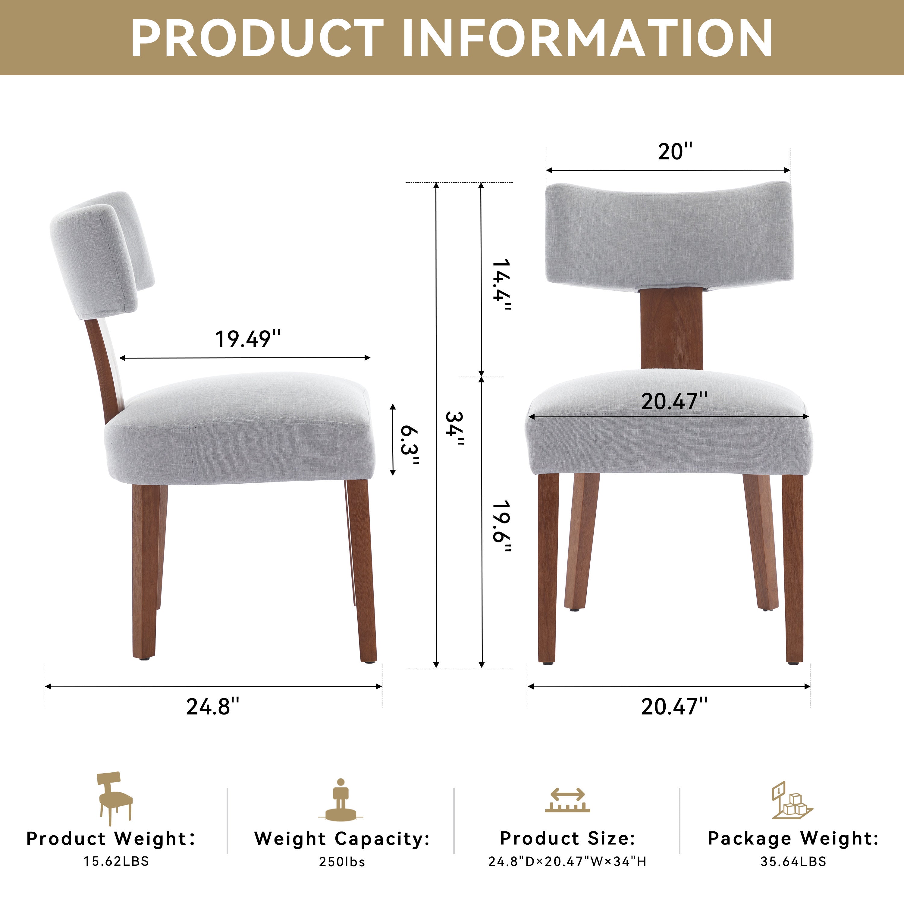2Pcs  Modern Armless Dining Chairs With Curved Wingback and Solid Wooden Legs