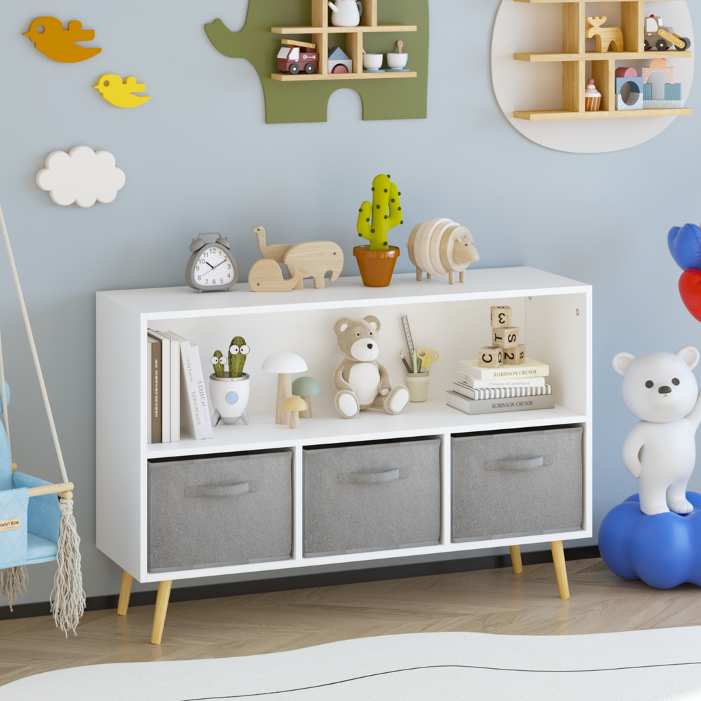 Children's Book Display Kids Bookcase with 3 Fabric Bins