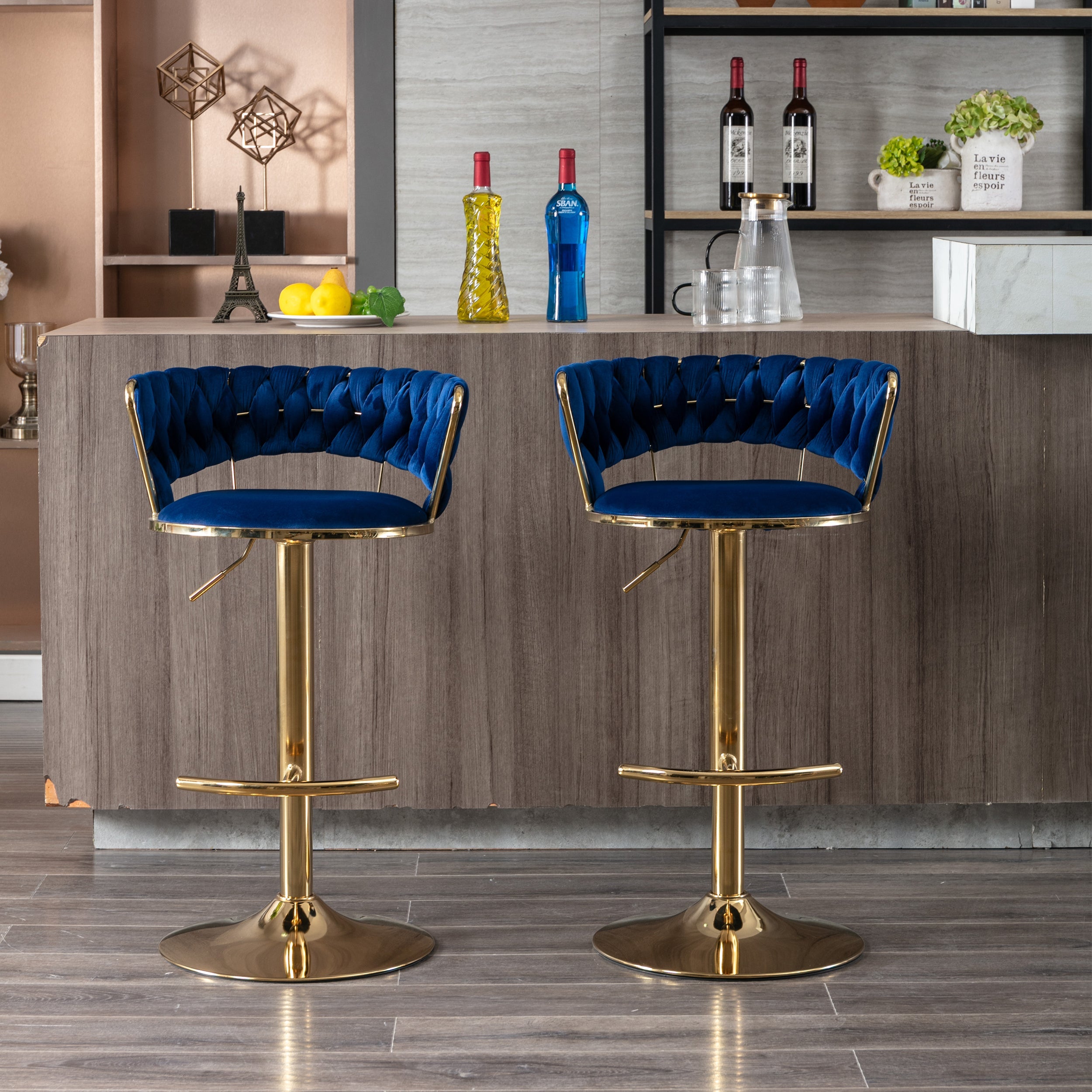 Swivel Height Adjustable Velvet Bar Stools with Golden Leg (Set of 2 )