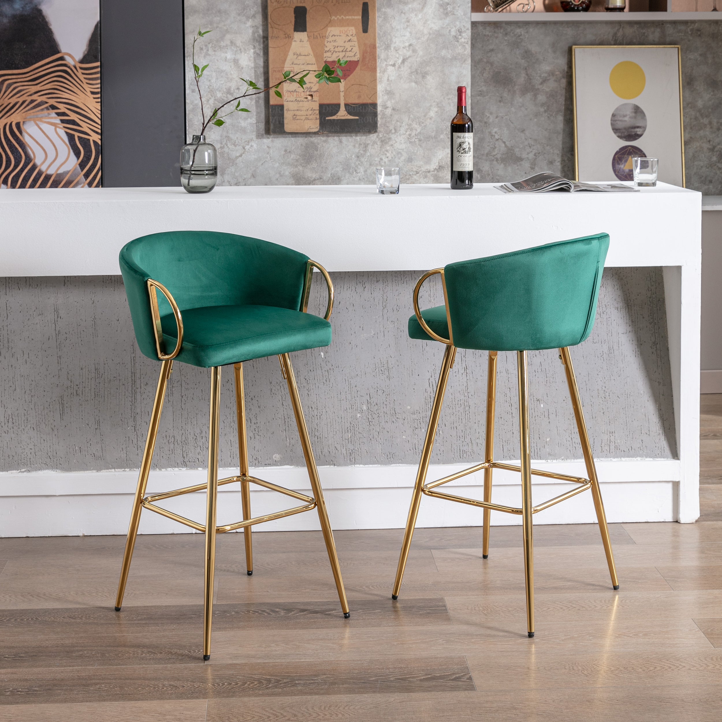 Velvet Bar Stools with Chrome Footrest and Base（Set of 2)