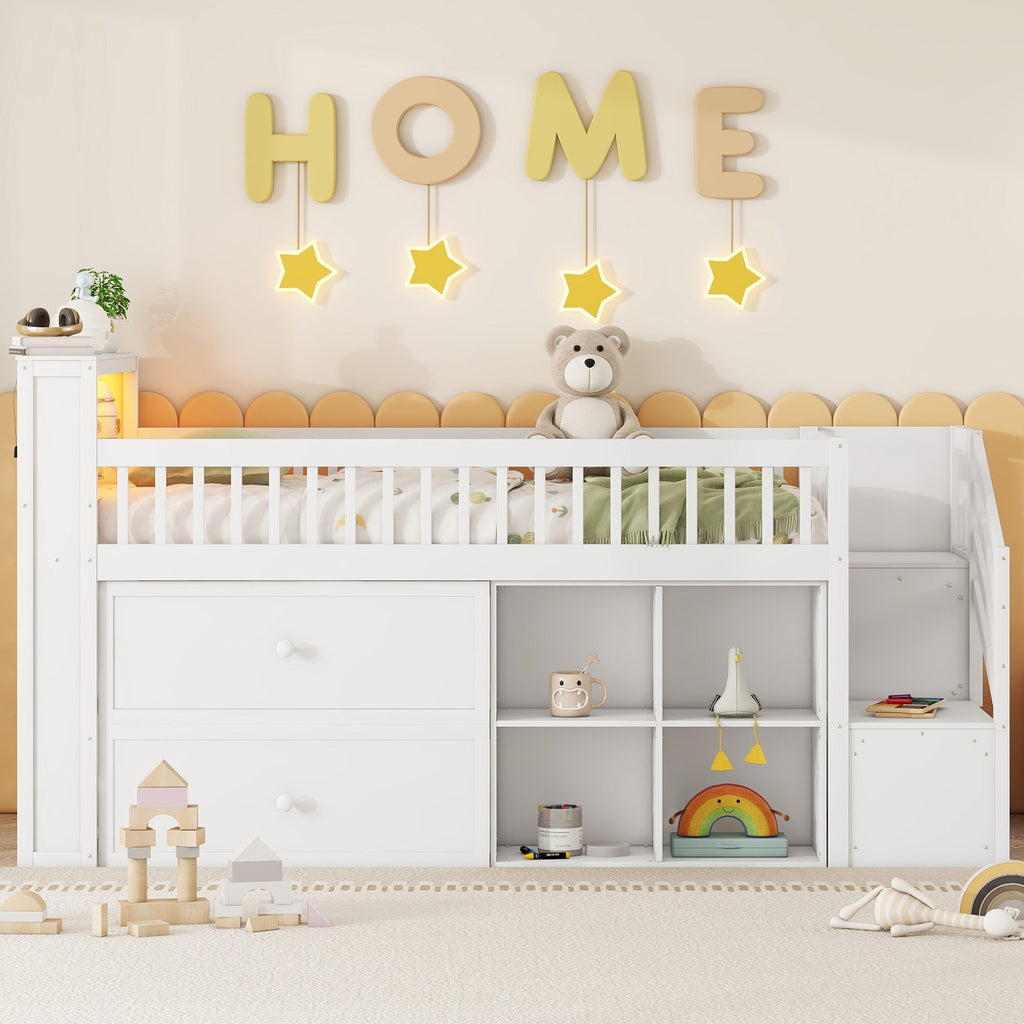 Twin Size Loft Bed with LED and Bookshelf