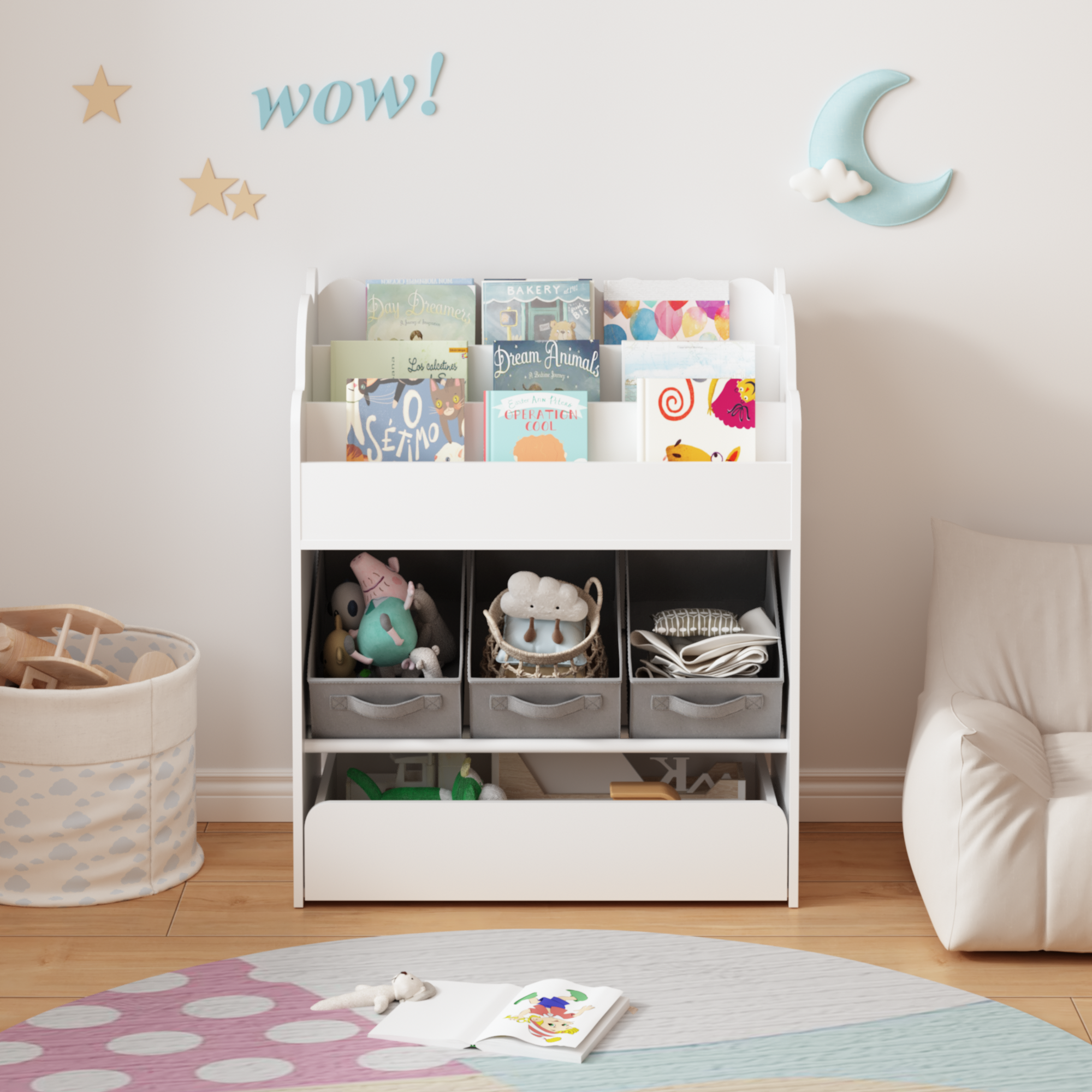 Multi-Functional Kids Wooden Book Organizer for Toddlers