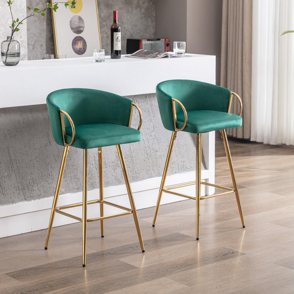 Velvet Bar Stools with Chrome Footrest and Base（Set of 2)