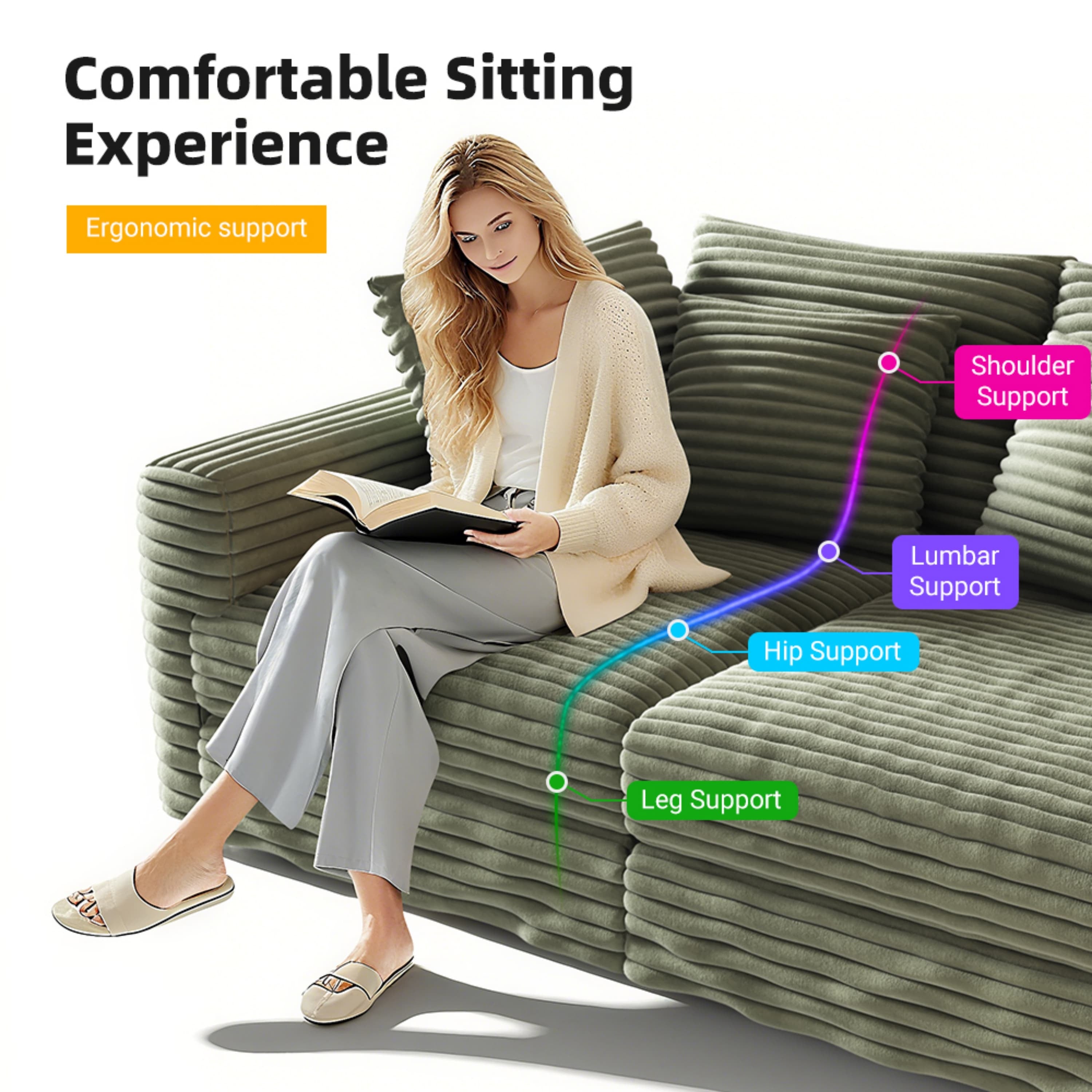 Modern 4 Seat Comfy Upholstered Sofa + Ottoman Option