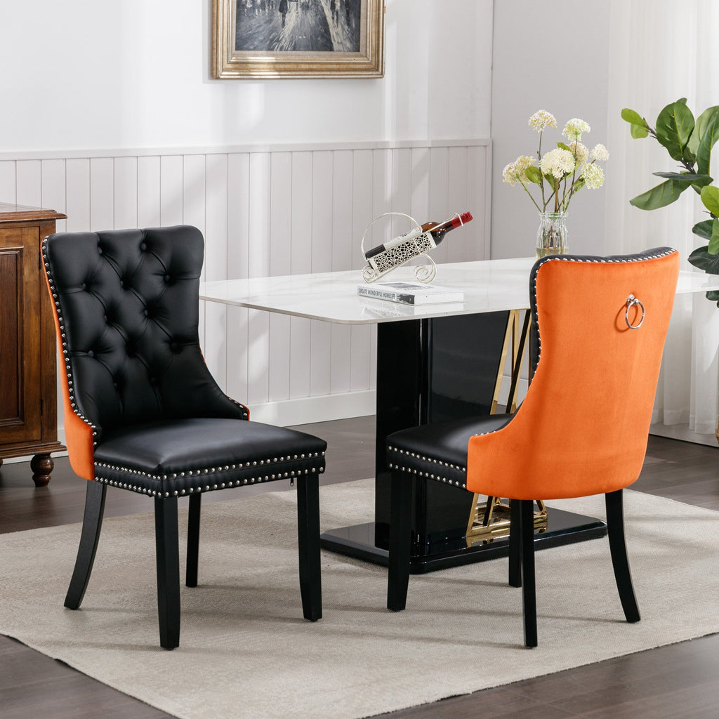 Tufted Solid Wood PU Upholstered Dining Chair with Wood Legs (Set of 2)