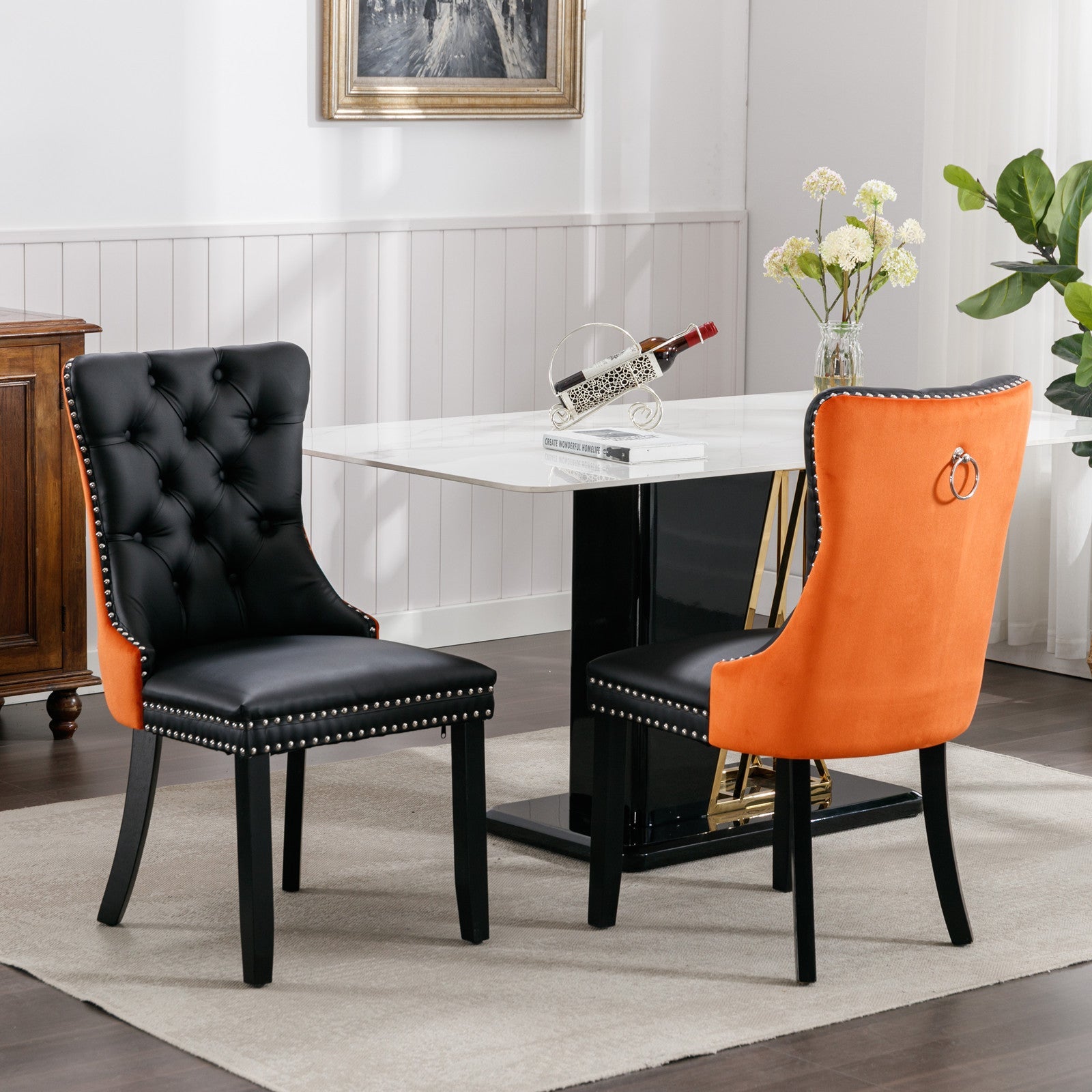 Tufted Solid Wood PU Upholstered Dining Chair with Wood Legs (Set of 2)