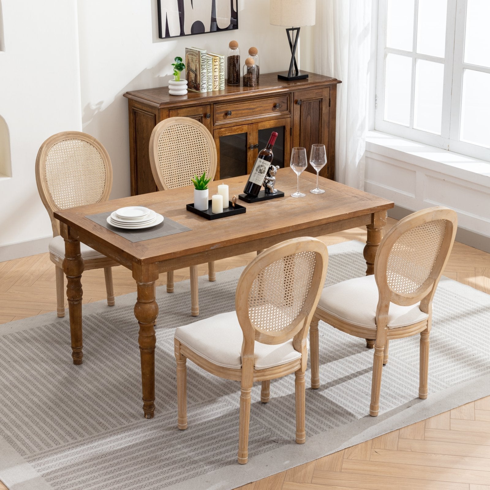 French Style Linen Fabric Rattan Back Dining Chairs (Set of 2)