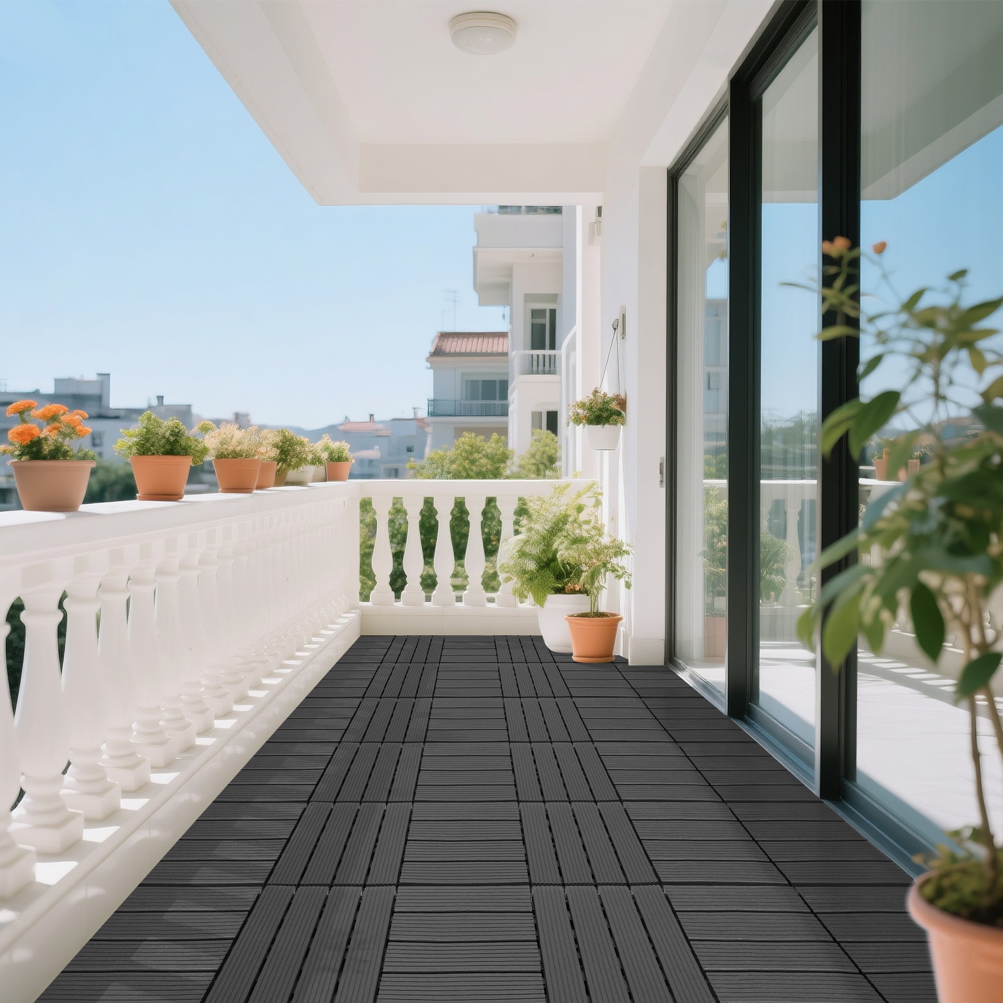 44 Pack 12x12 Plastic Interlocking Decking Tiles Waterproof Dark Gray