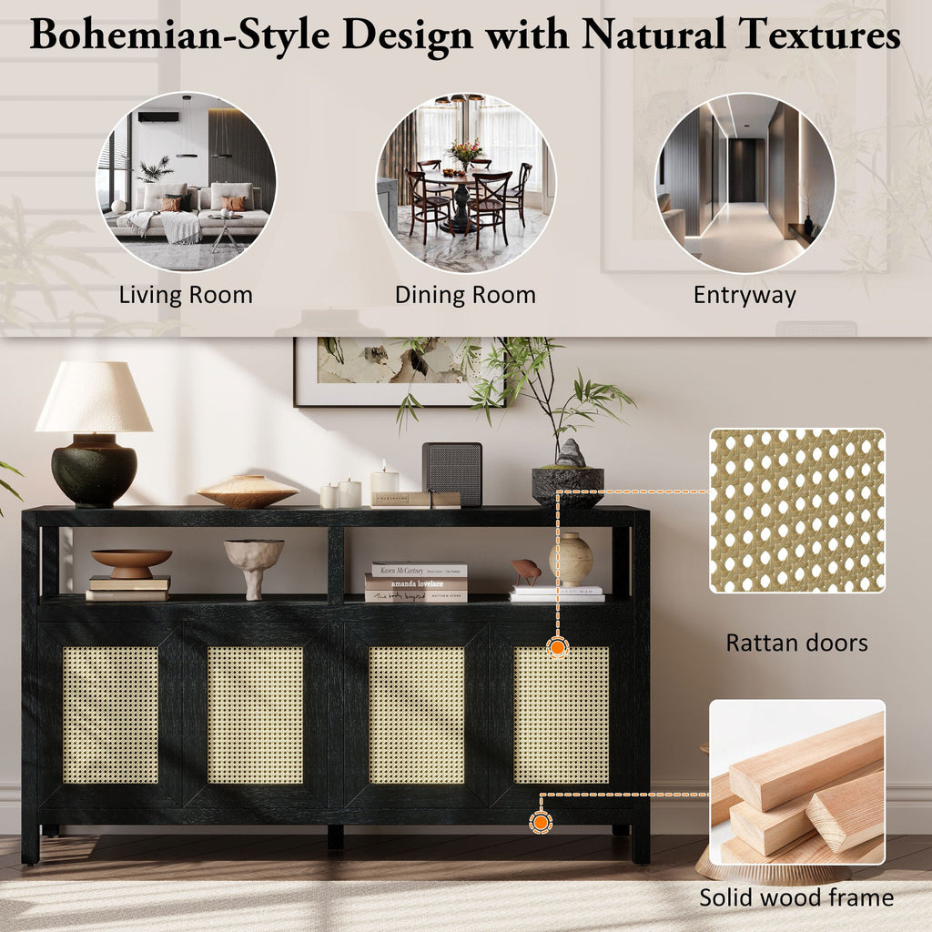 Bohemian Style Rattan Storage Cabinet with 3-position Adjustable Shelves