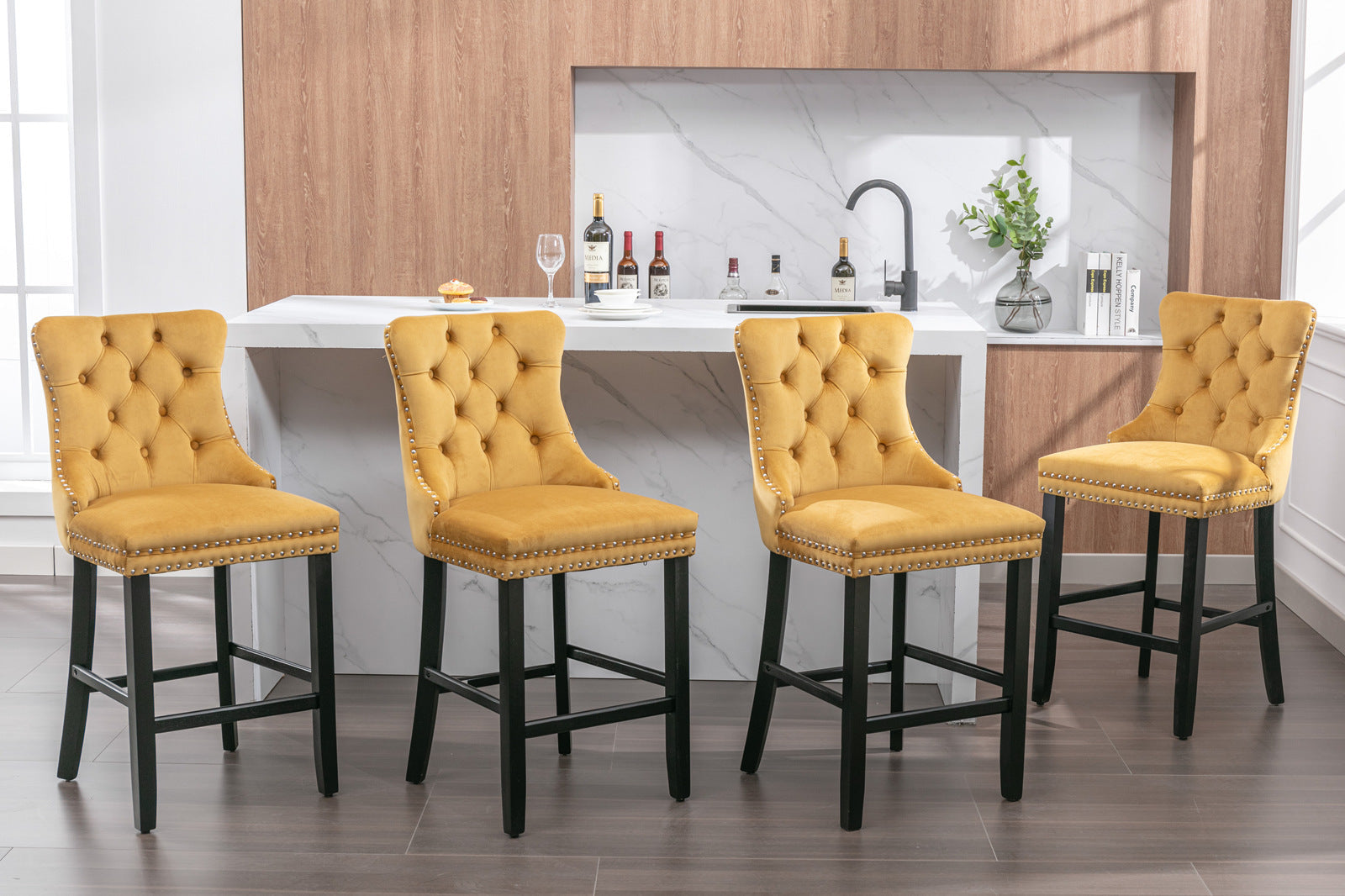 Contemporary Velvet Upholstered Barstools with Button Tufted Decoration (Set of 2)