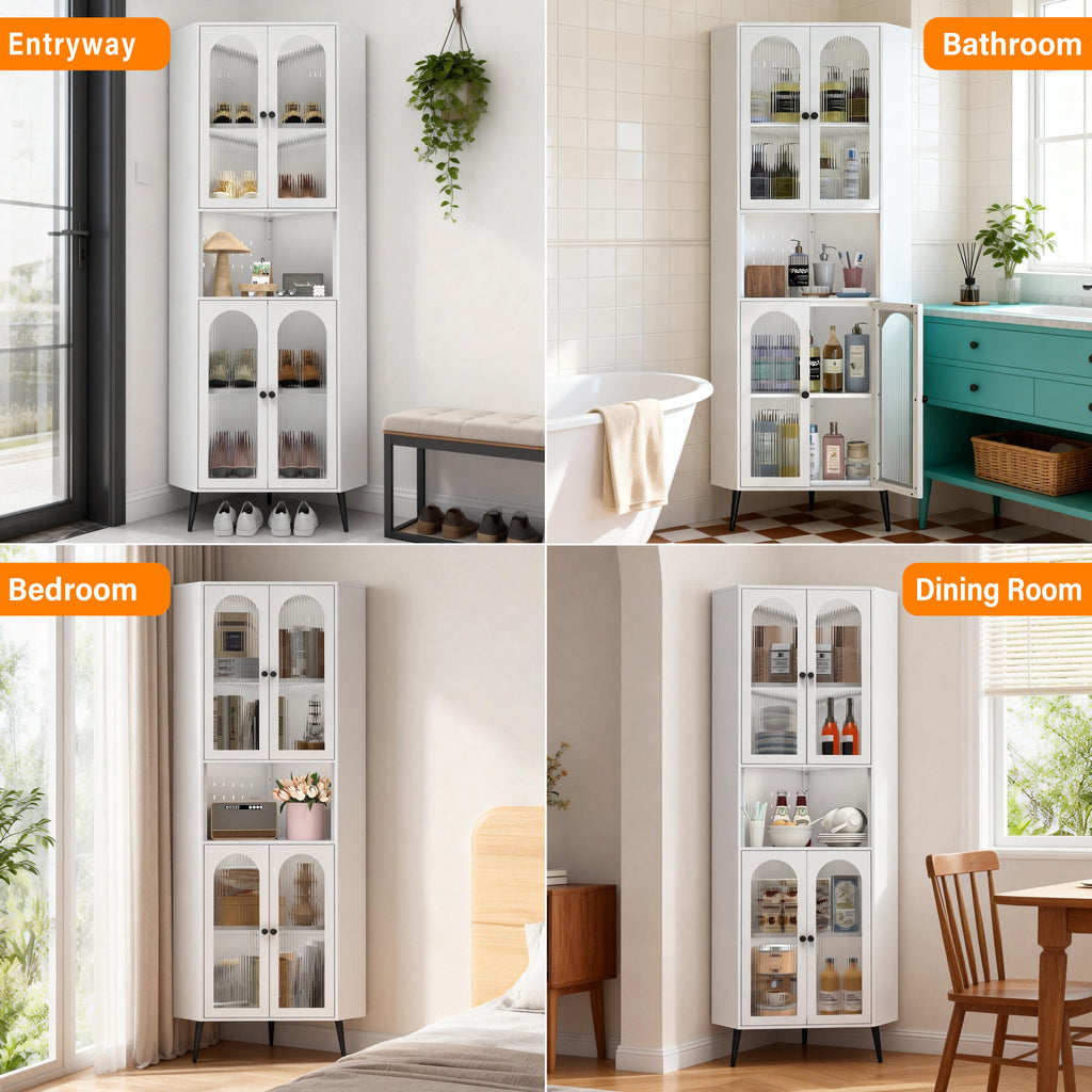 White 73in Corner Storage Cabinet Metal with Doors Adjustable Shelves Space-Saving