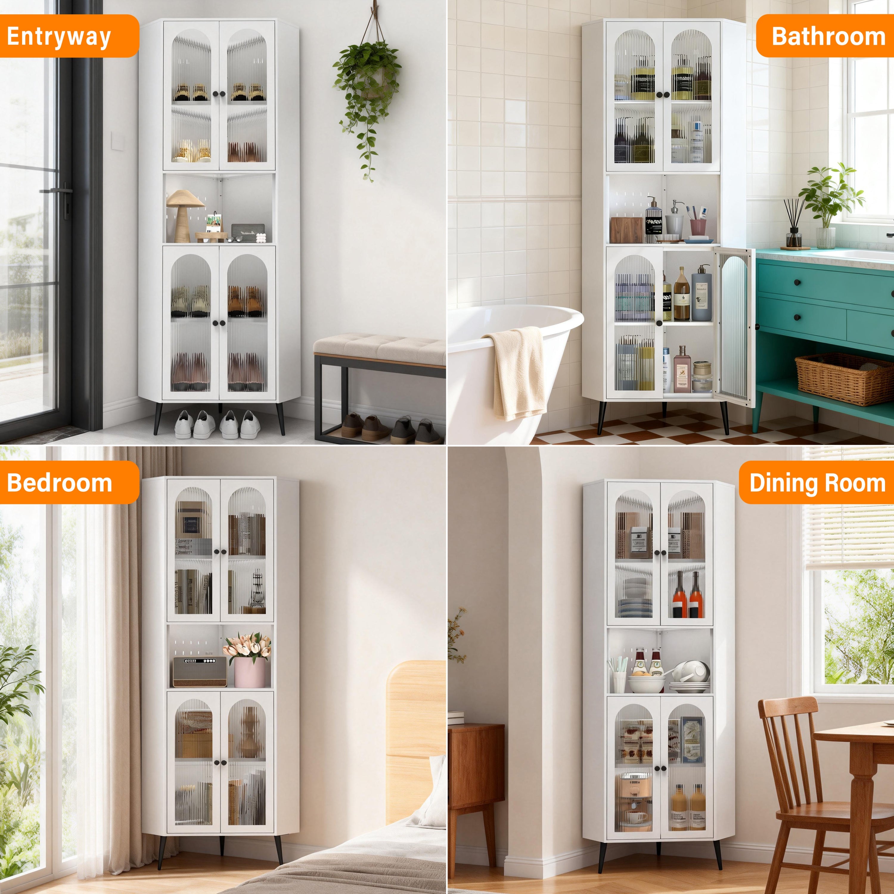 White 73in Corner Storage Cabinet Metal with Doors Adjustable Shelves Space-Saving