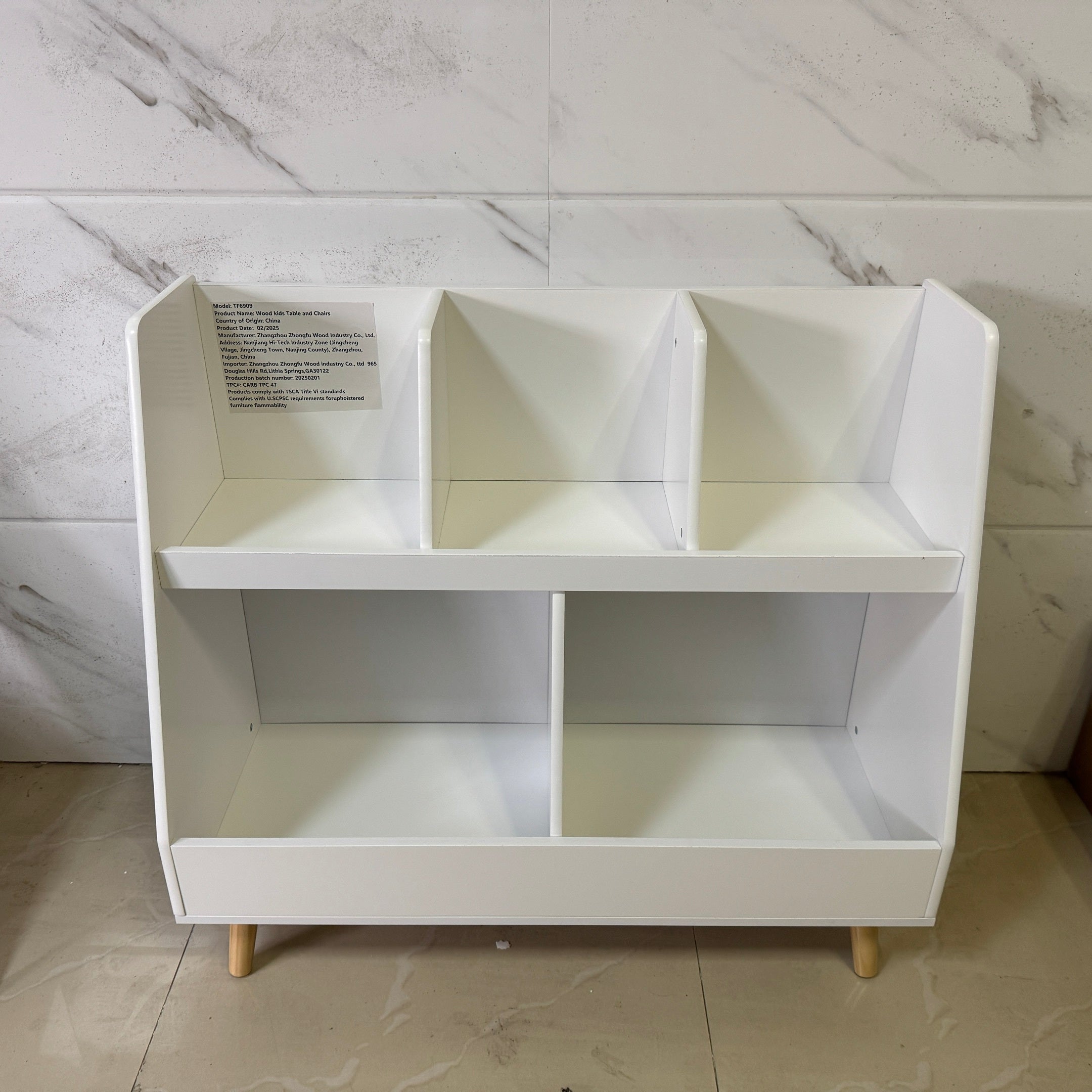 Modern Kids Bookshelf and Toy Organizer with White MDF and Pine Legs