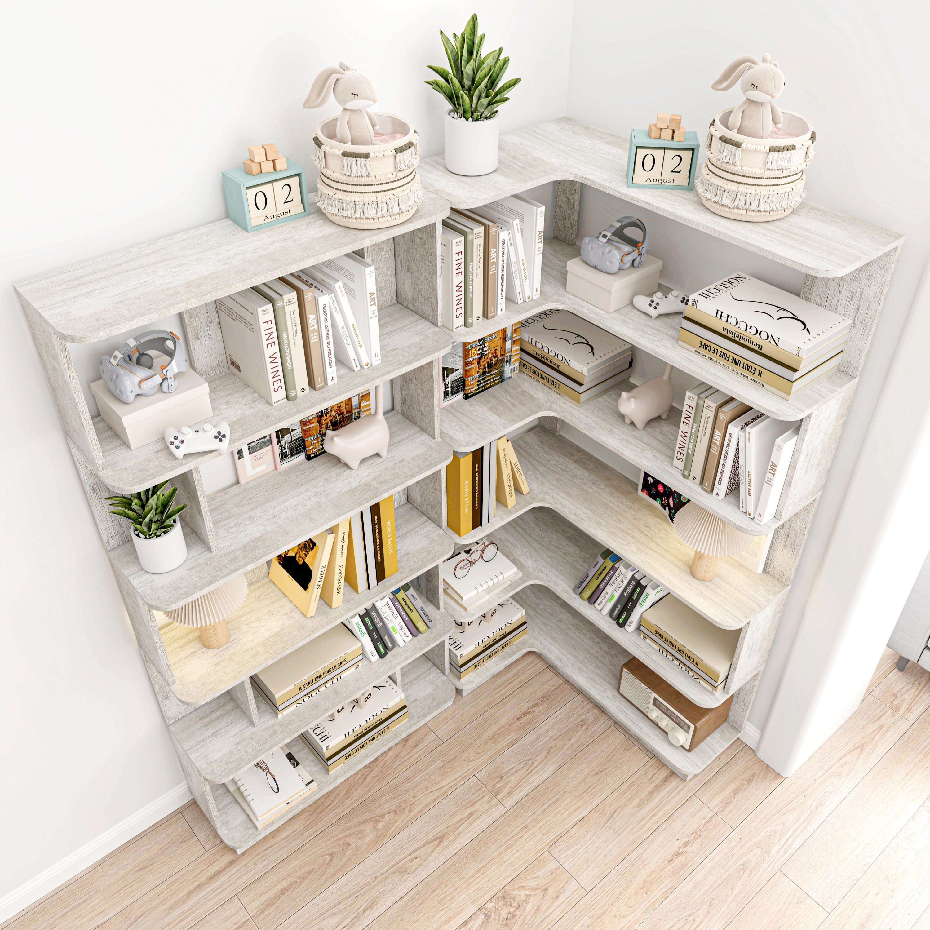 90cm Space-Saving Corner Bookshelf and 80cm Extendable Bookcase Set of 2