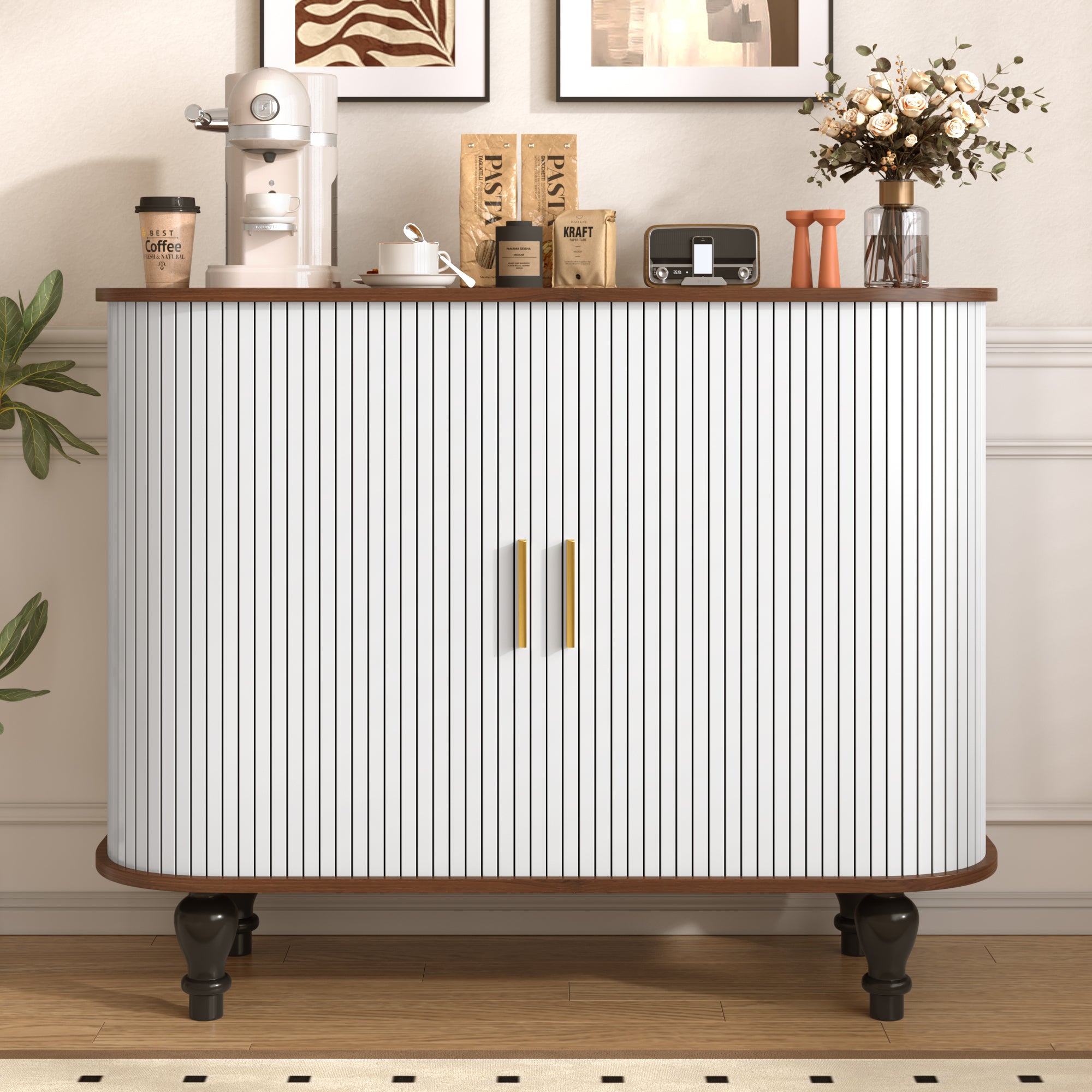 39" Fluted Liquor and Coffee Bar Cabinet with Wine Racks Glass Holders Storage