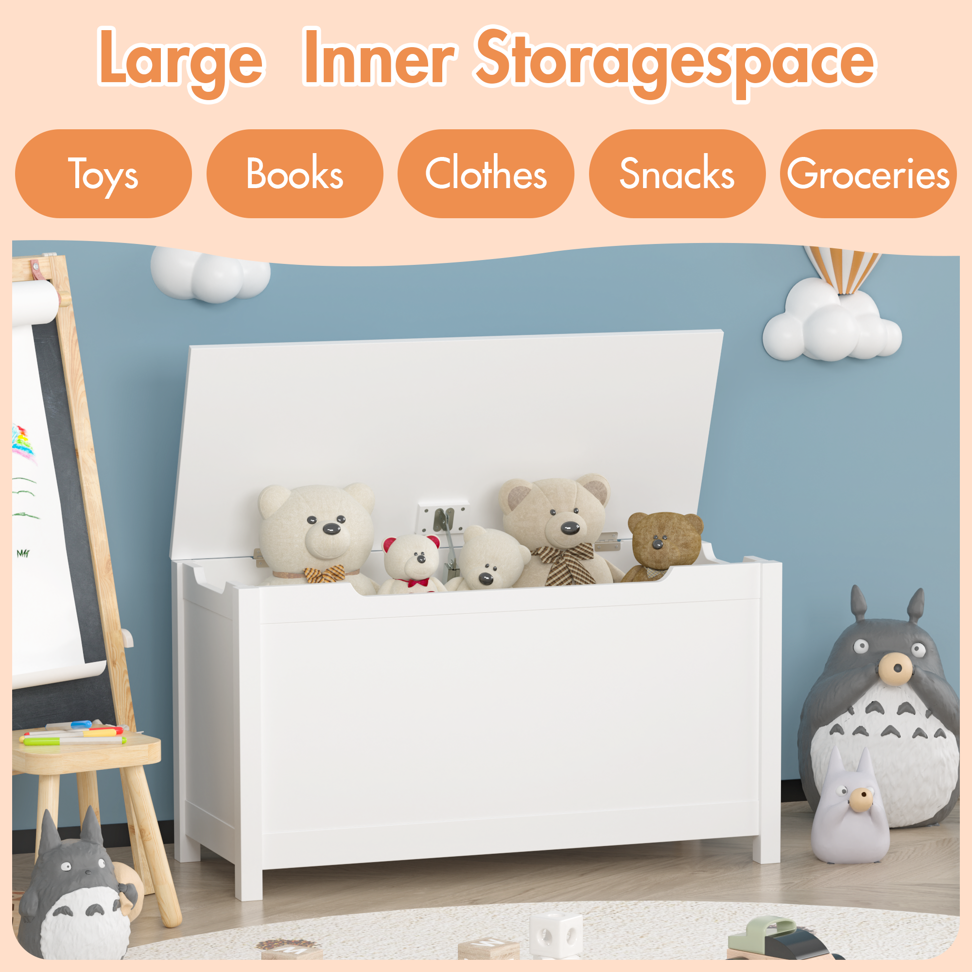 Kids Wooden Toy Box Storage with Safety Hinged Lid for Ages 2+
