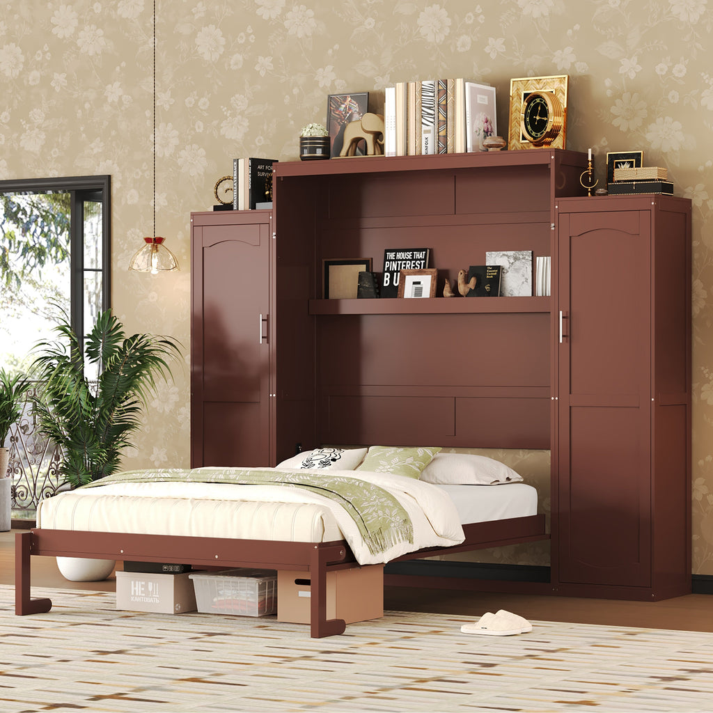 Wooden Queen Wall Bed with 2 Wardrobe and Storage Shelf