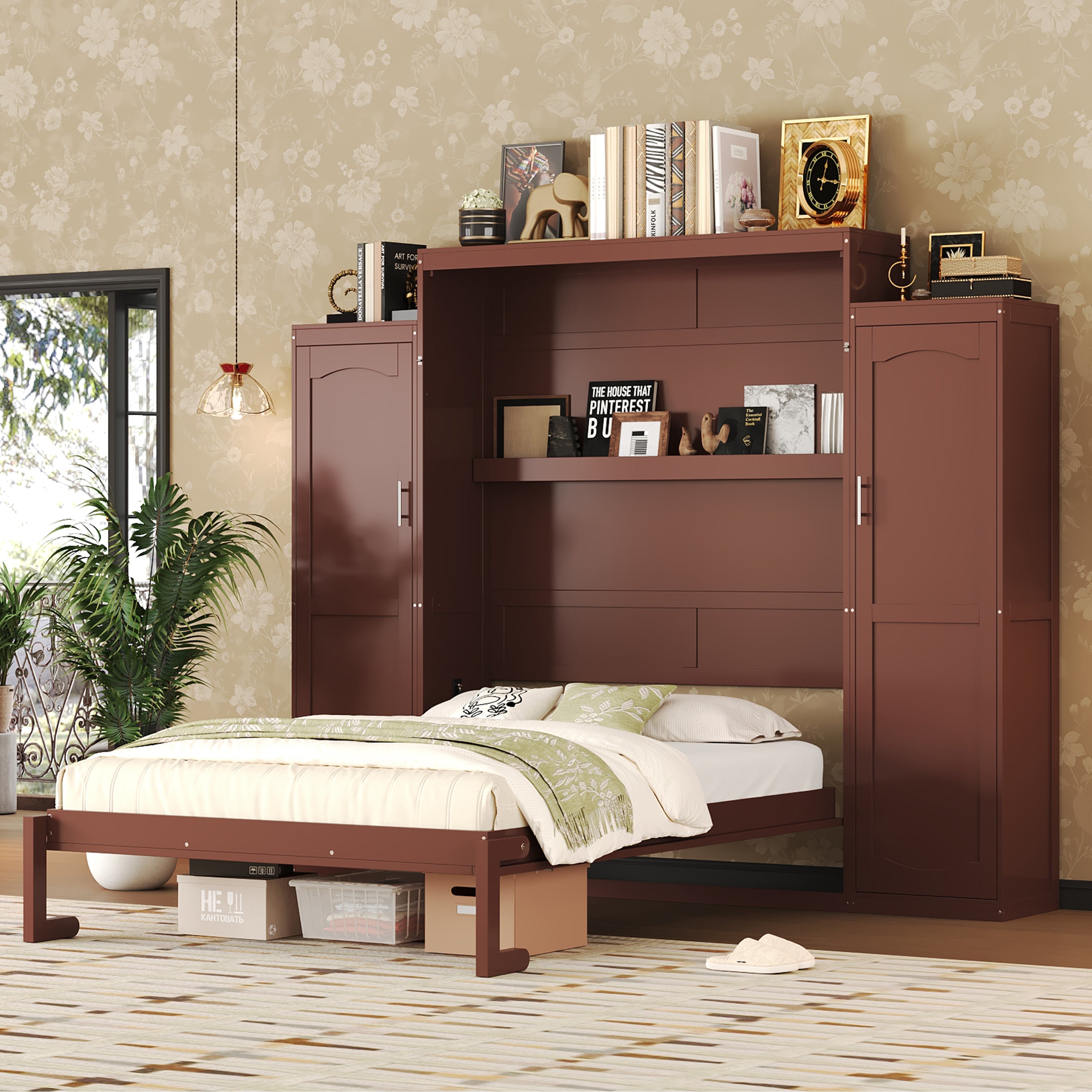 Wooden Queen Wall Bed with 2 Wardrobe and Storage Shelf