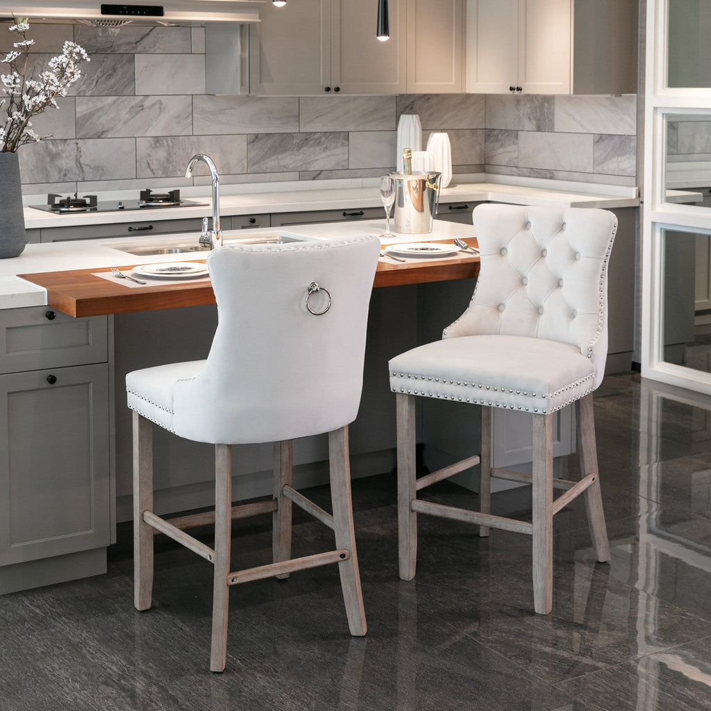 Contemporary Velvet Upholstered Barstools with Button Tufted Decoration (Set of 2)