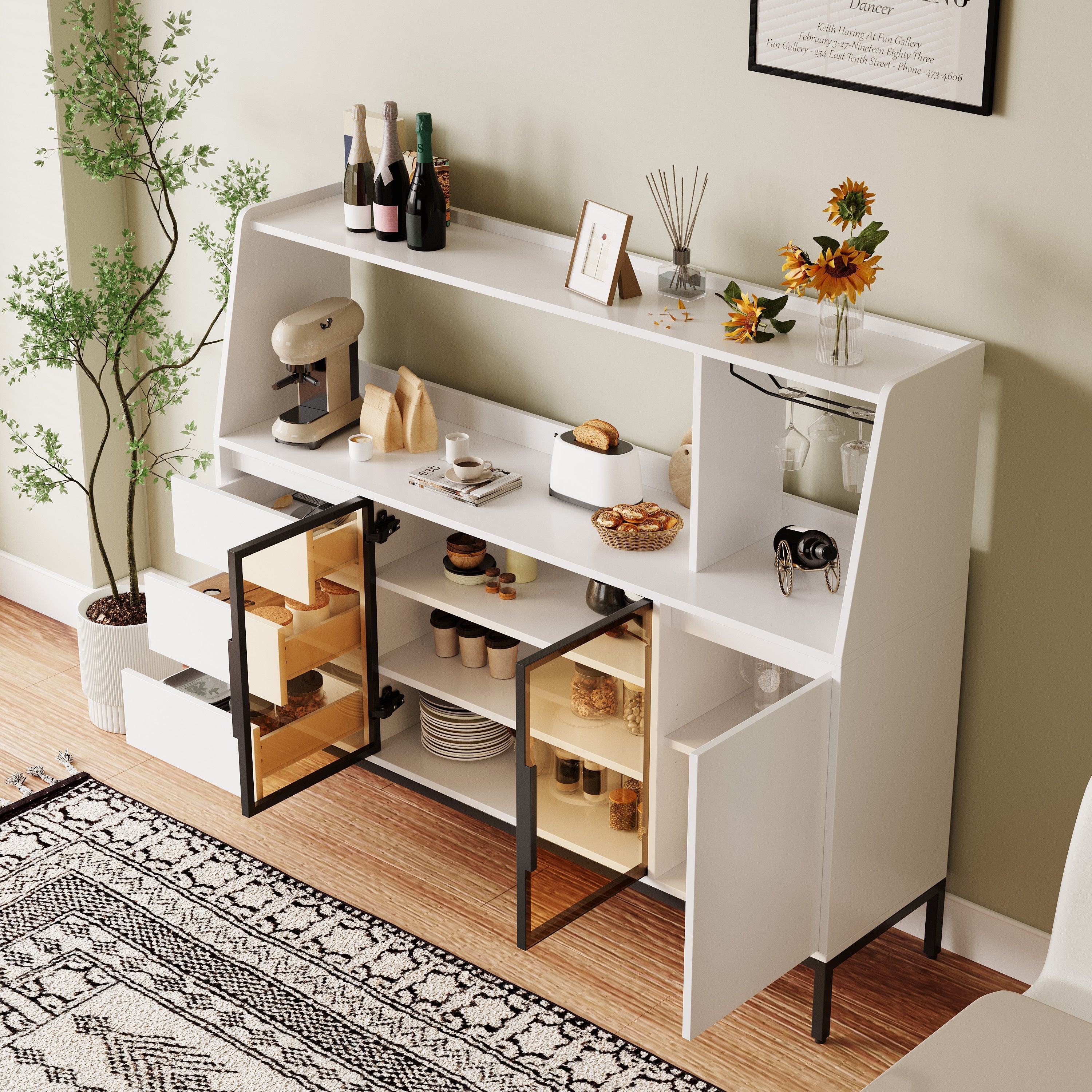Modern Kitchen Sideboard with 3 Drawers and Glass Door Locker