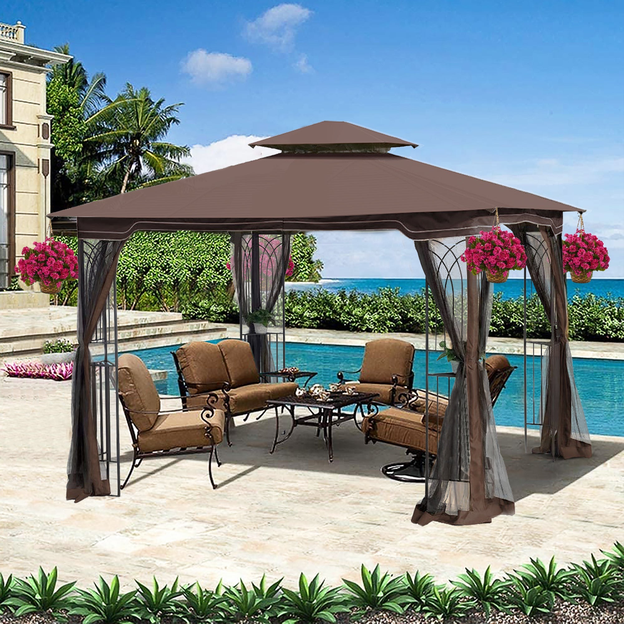 Patio Gazebo Tent with Ventilated Double Roof and Mosquito Net for Backyard or Garden