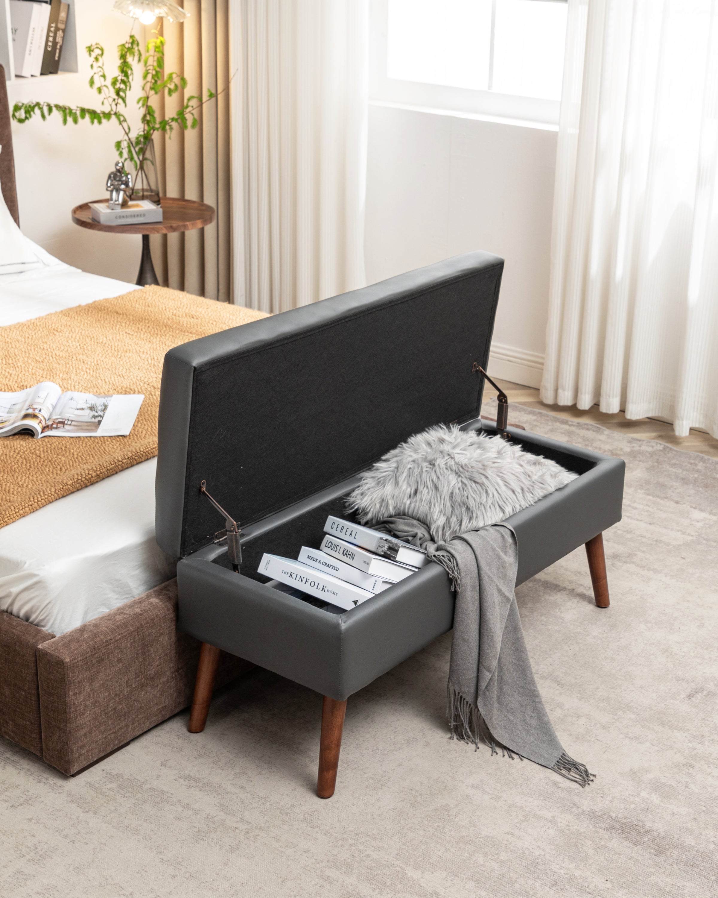 Brown PU Leather Storage Bench