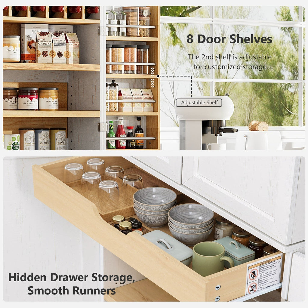 78" Tall Farmhouse Kitchen Pantry Cabinet with Shelves Drawer Wine Rack