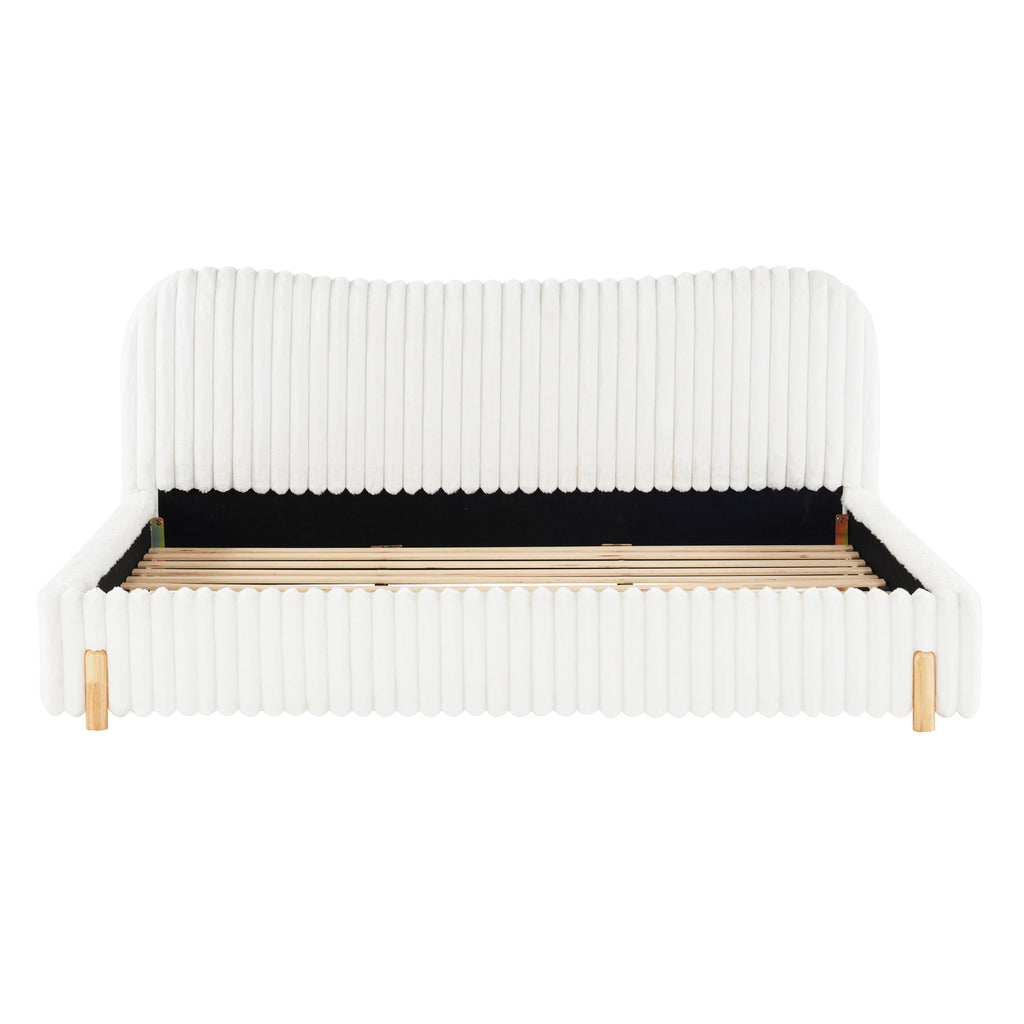 Sleek White Boucle Upholstered Bed with Wavy Headboard