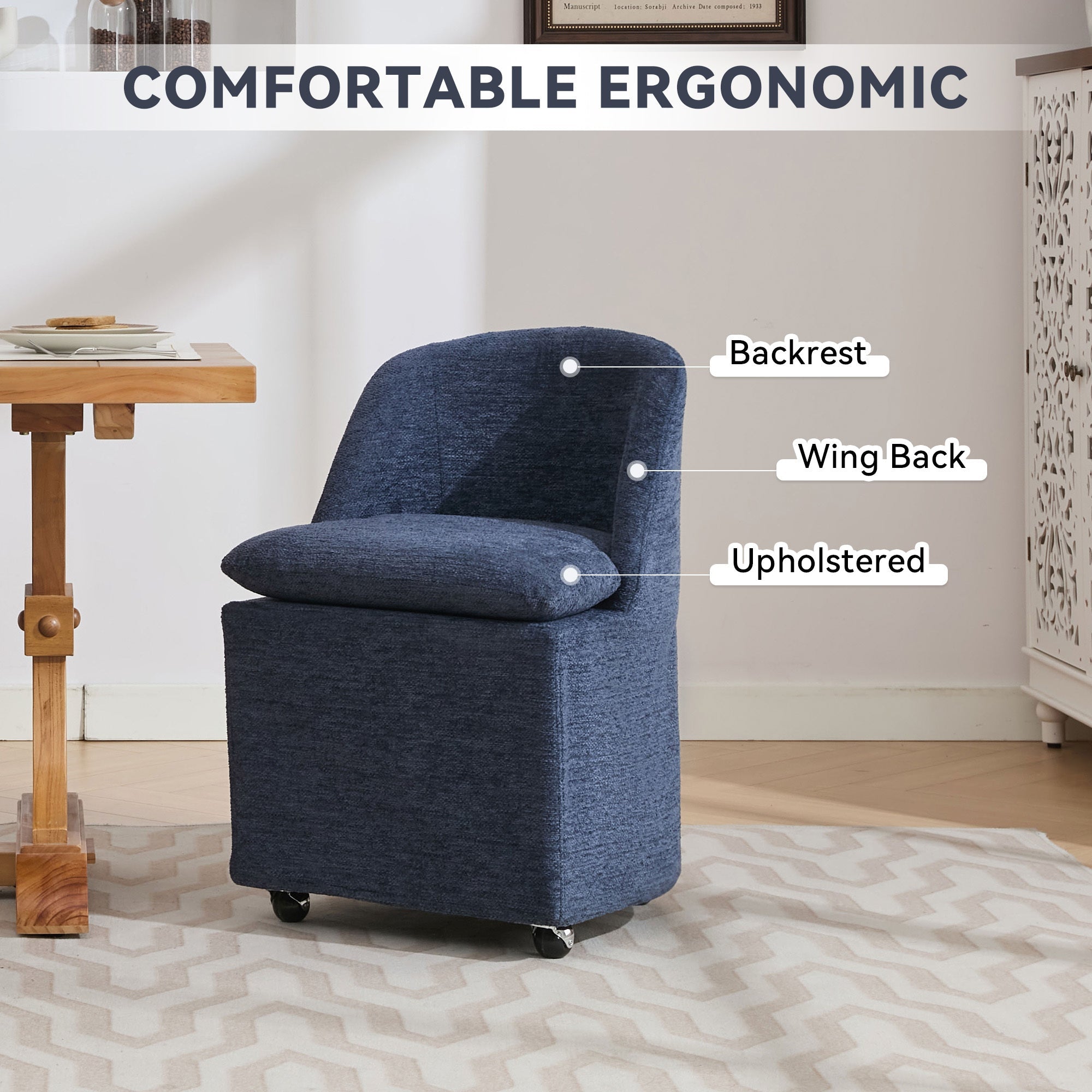 Chenille Fabric Dining Chairs with Universal Wheels