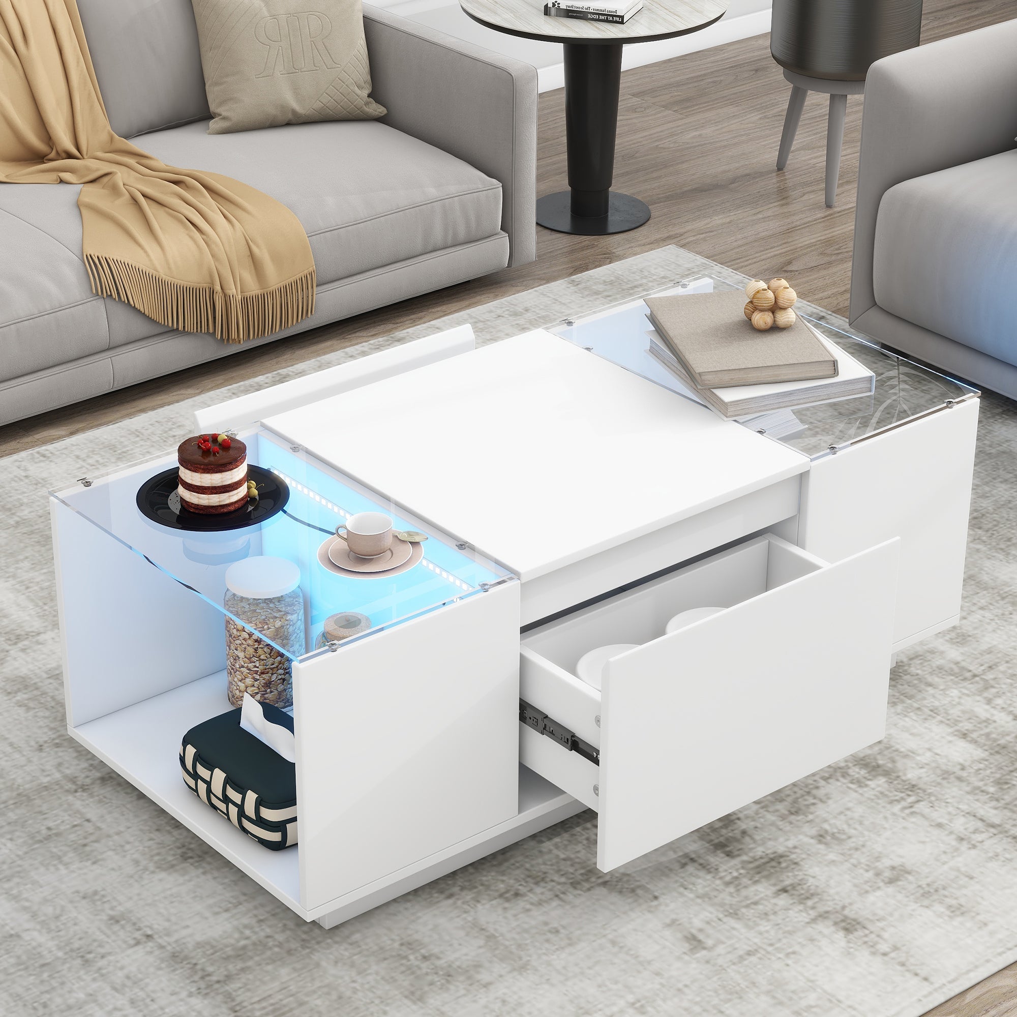 Modern LED Coffee Table with High-Gloss Finish and Glass Tabletop