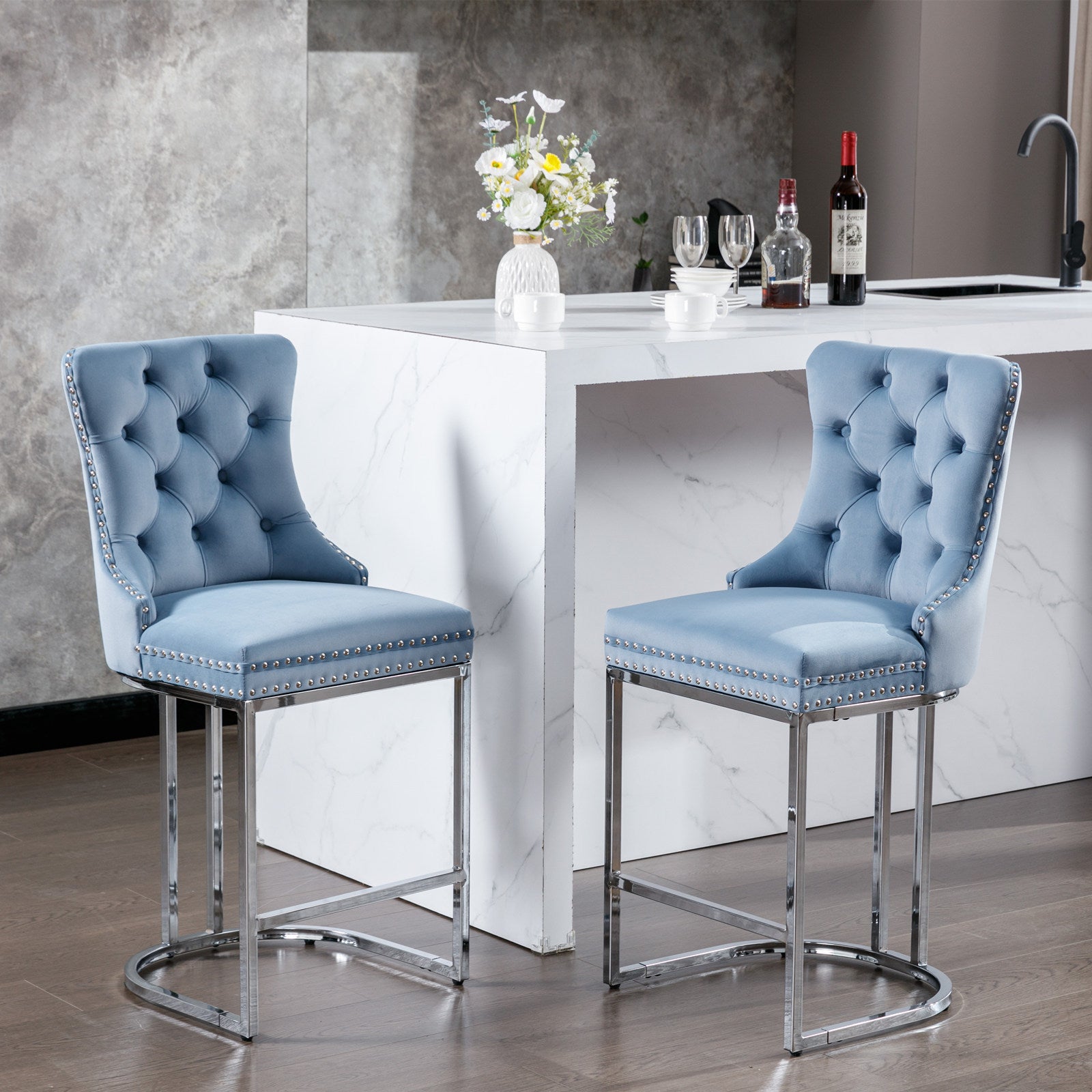 Luxury Elegant Nailhead Trim Tufted Velvet Bar Stools (Set of 2)