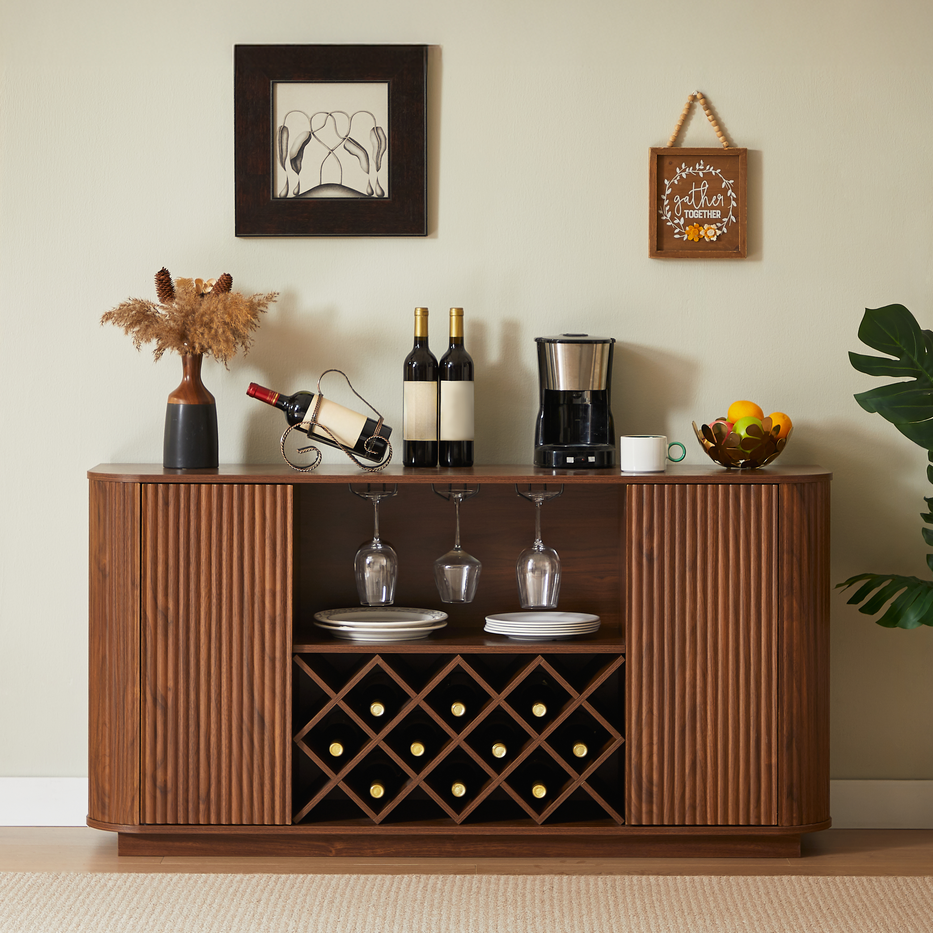 58' Wavy Curve Sideboard-Multifunctional Cabinet with Wine Storage