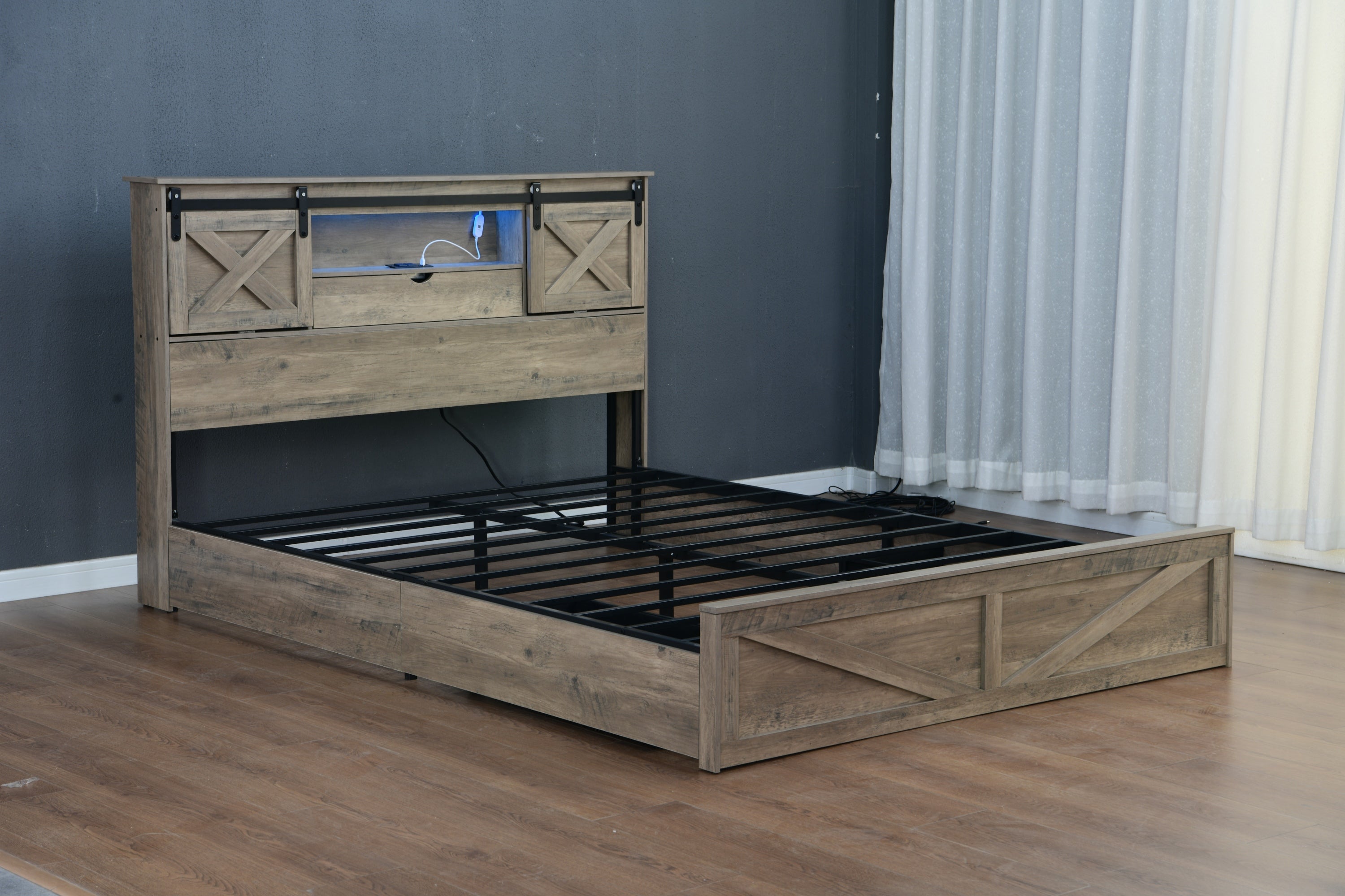 Farmhouse Bed Frame Queen Size with LED Lights and Charging Station