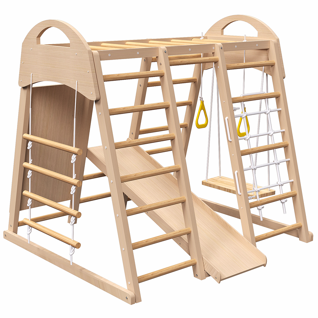 7 in 1 Indoor Playground Wood Jungle Gym Kids Slide Swing Climbing Wall Toy
