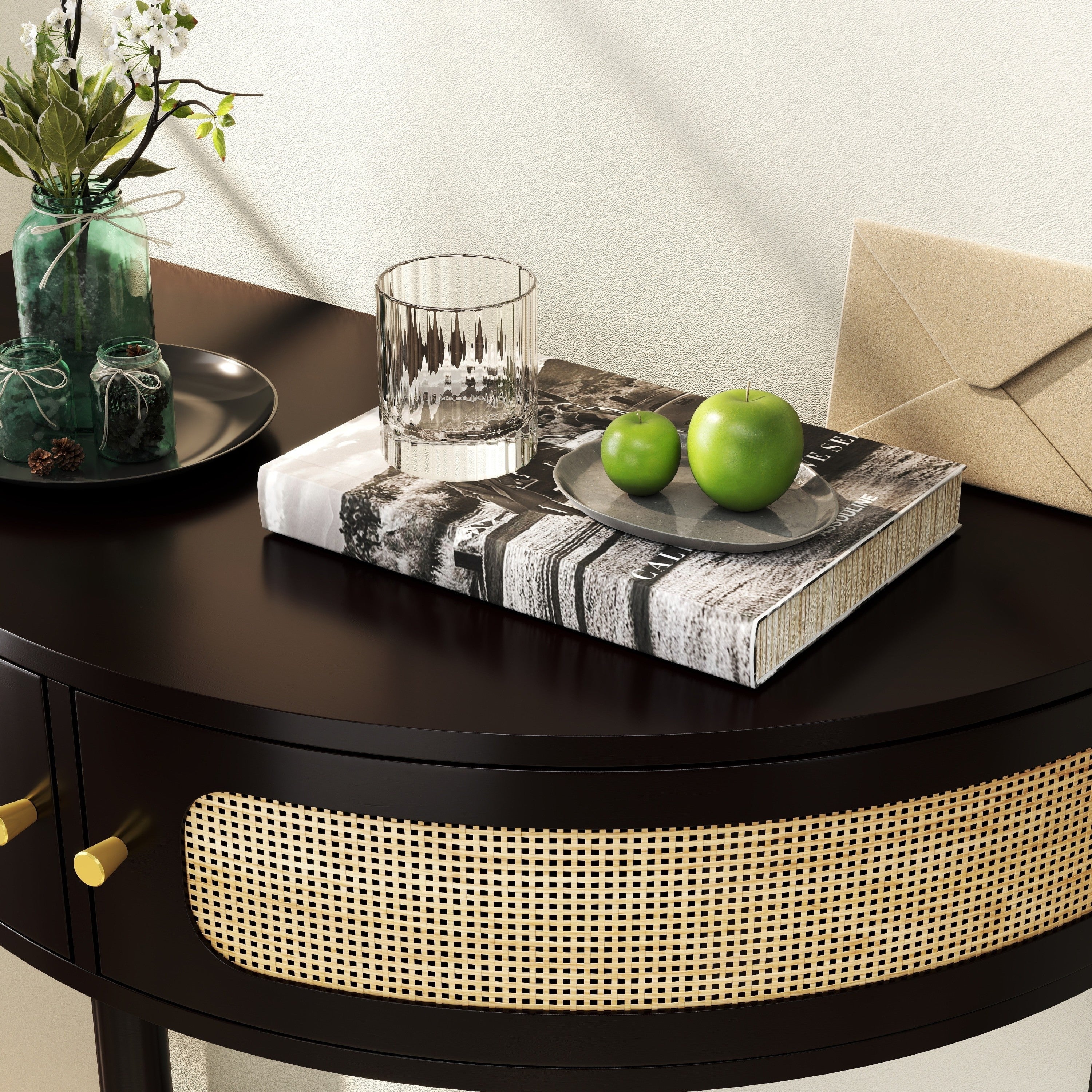 Rattan Semi Circle End Table with 2 Rattan Storage Cabinet