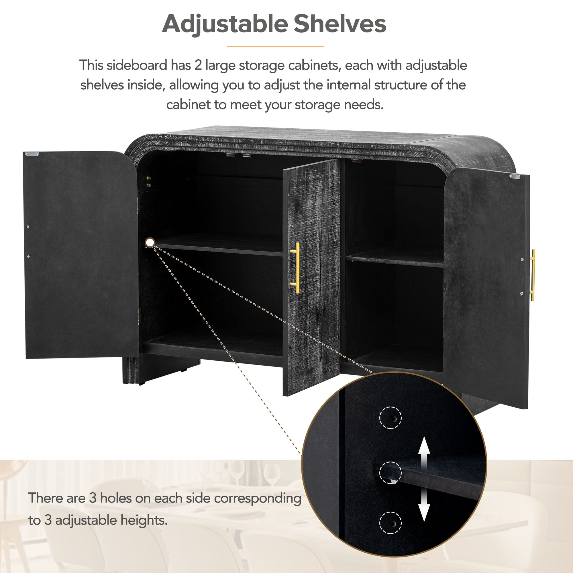 Minimalist Curved Sideboard with Gold Handles and Adjustable Dividers