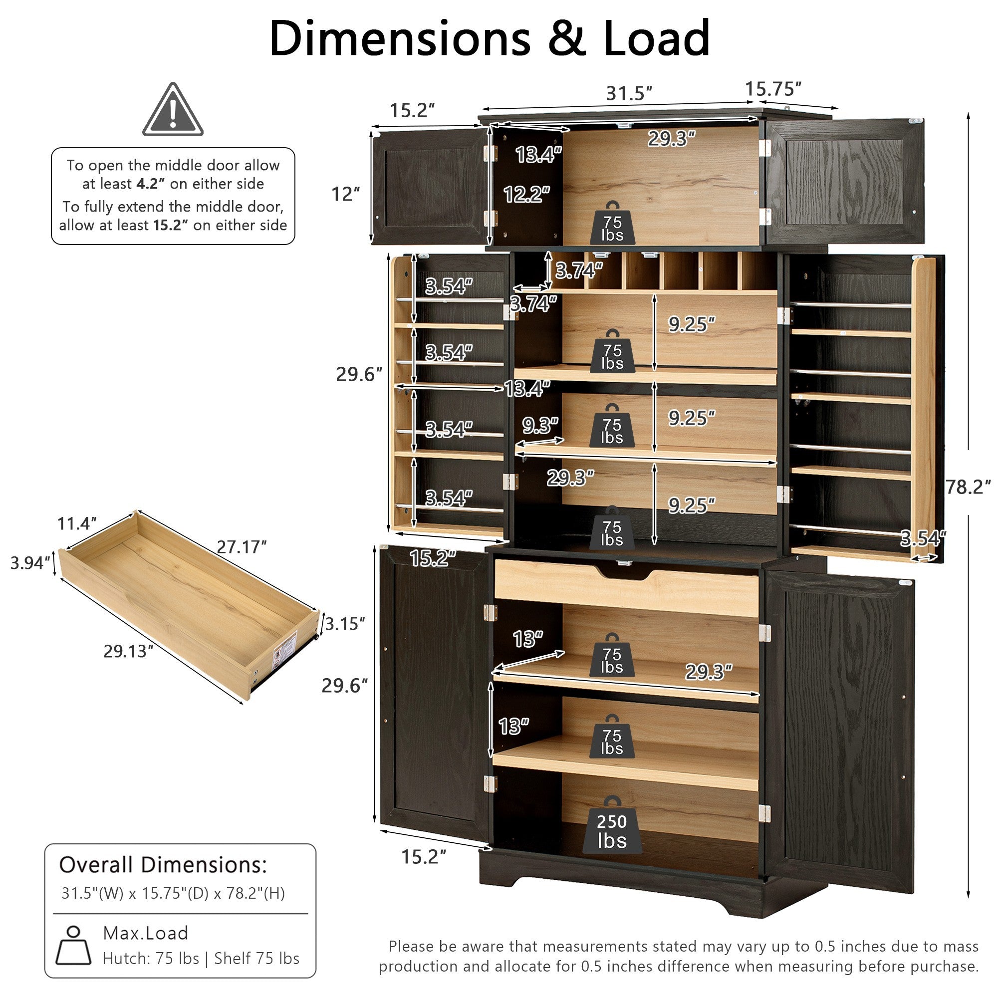 78" Tall Farmhouse Kitchen Pantry Cabinet with Shelves Drawer Wine Rack